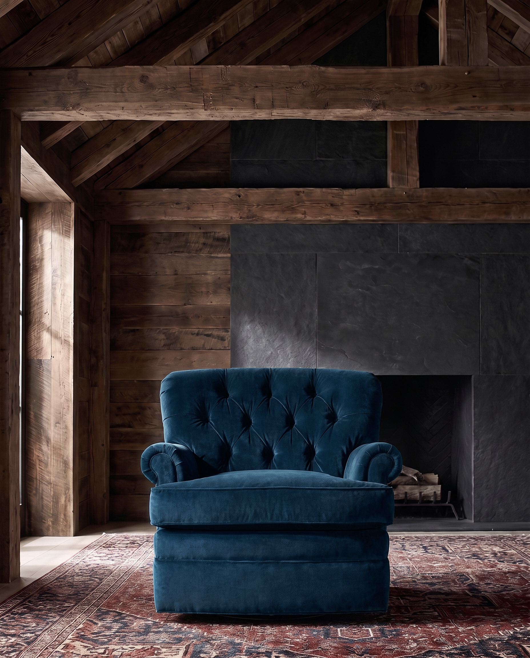 living room custom furniture modern mountain velvet chair Hello Norden - Astrid Lounge Chair in Banks Eco-Performance Velvet in Denim, shown in a rustic modern room