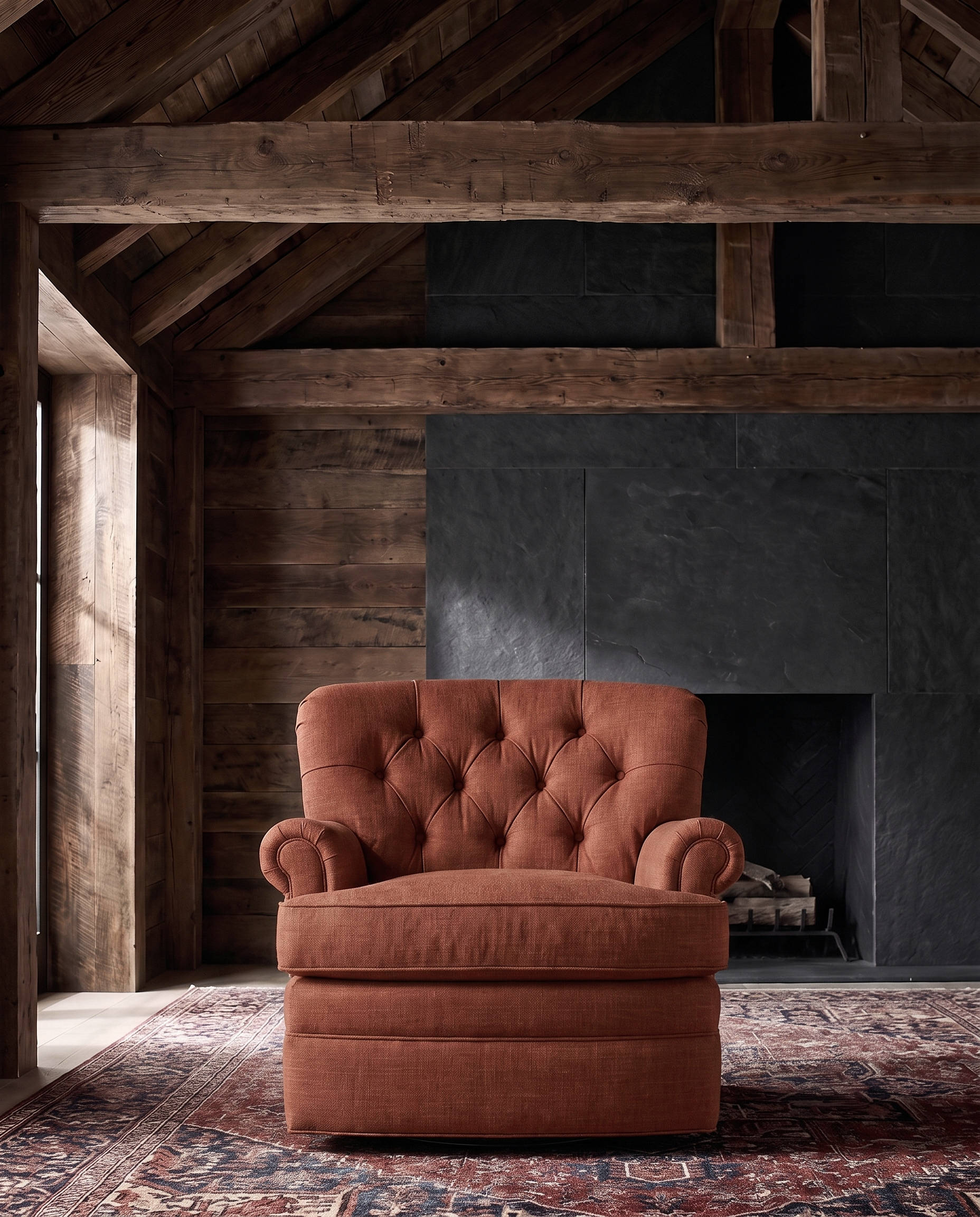 living room custom furniture modern mountain linen chair Hello Norden - Astrid Lounge Chair in Palmer Eco-Performance Linen in Adobe, shown in a rustic modern room