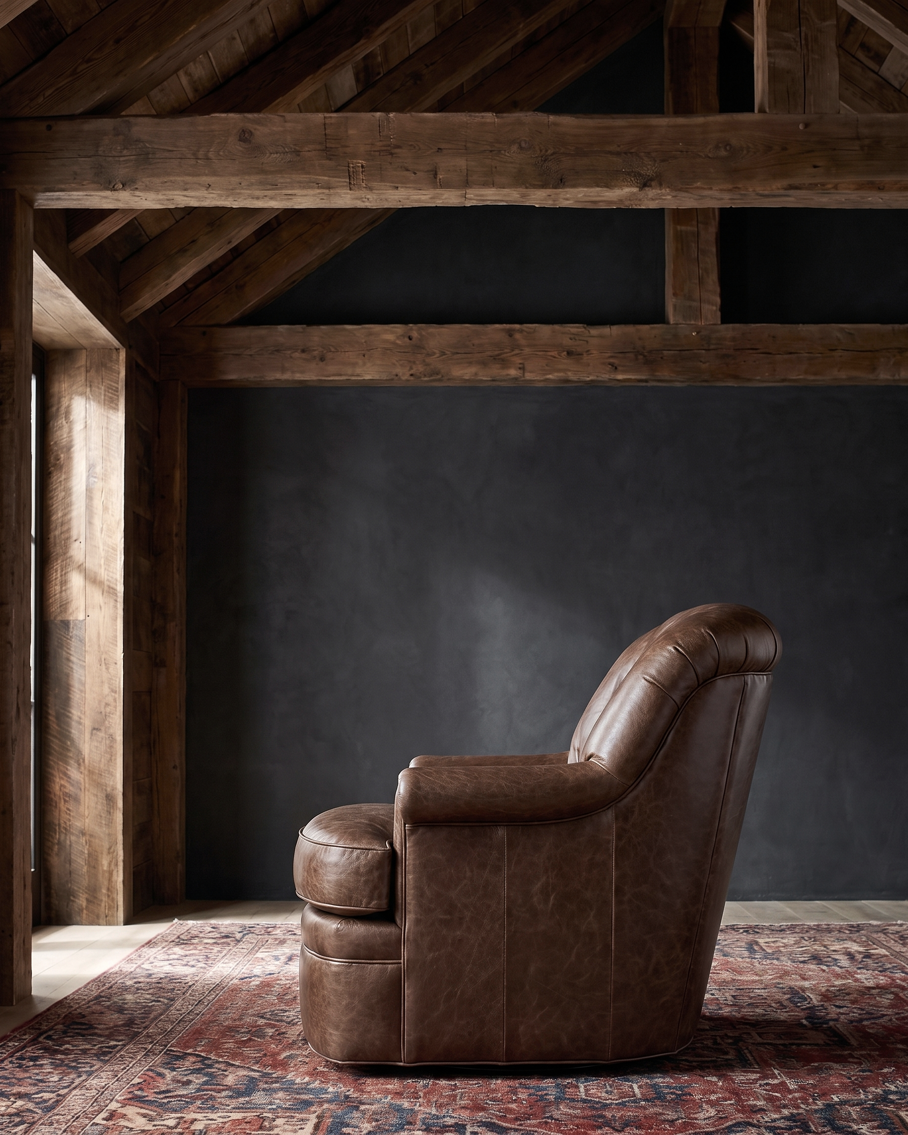 living room custom furniture modern mountain leather chair Hello Norden - Astrid Lounge Chair in St Croix Holm Sweet Holm leather, shown in a rustic modern room