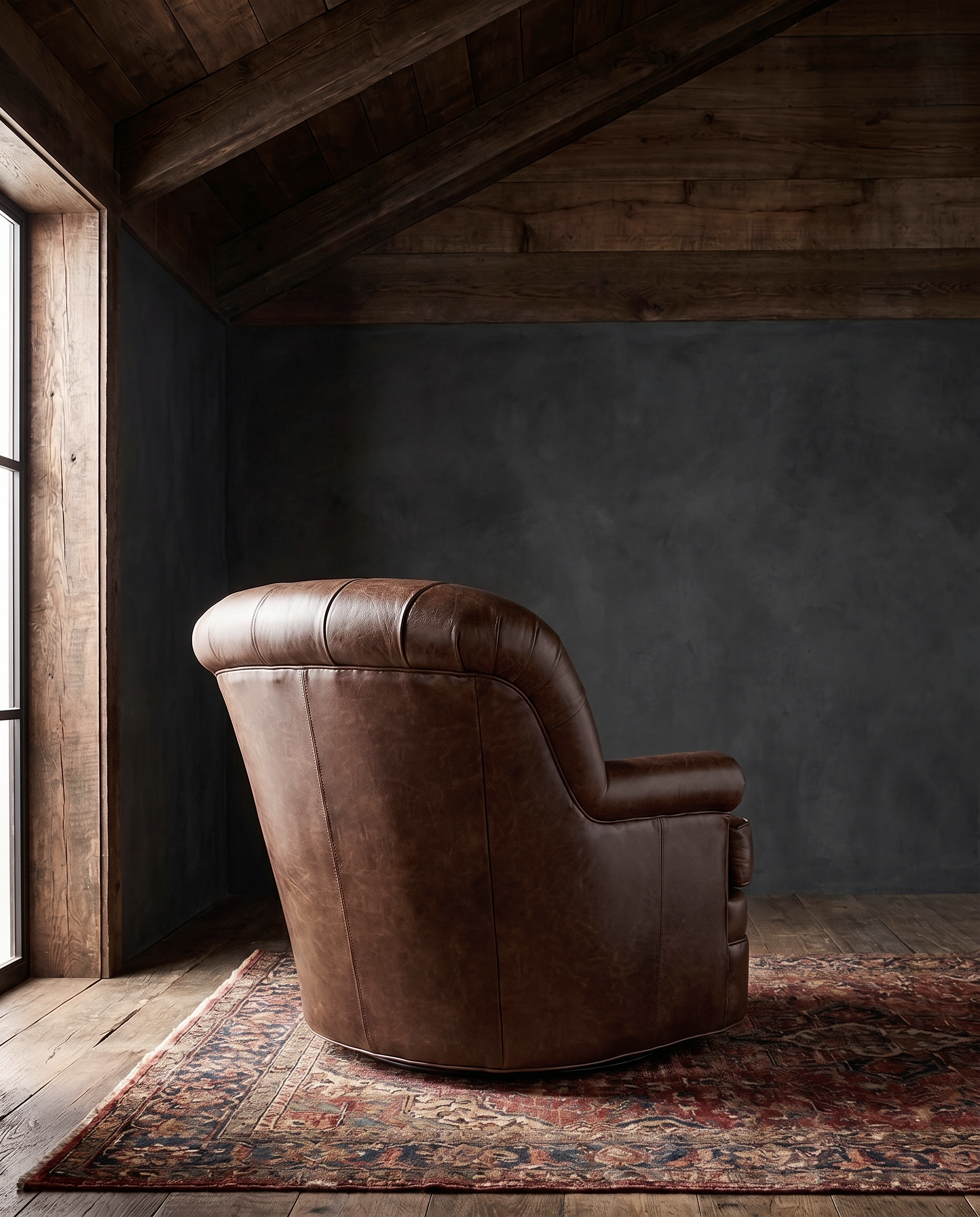 living room custom furniture modern mountain leather chair Hello Norden - Astrid Swivel Chair in St Croix Holm Sweet Holm leather, shown in a rustic modern room