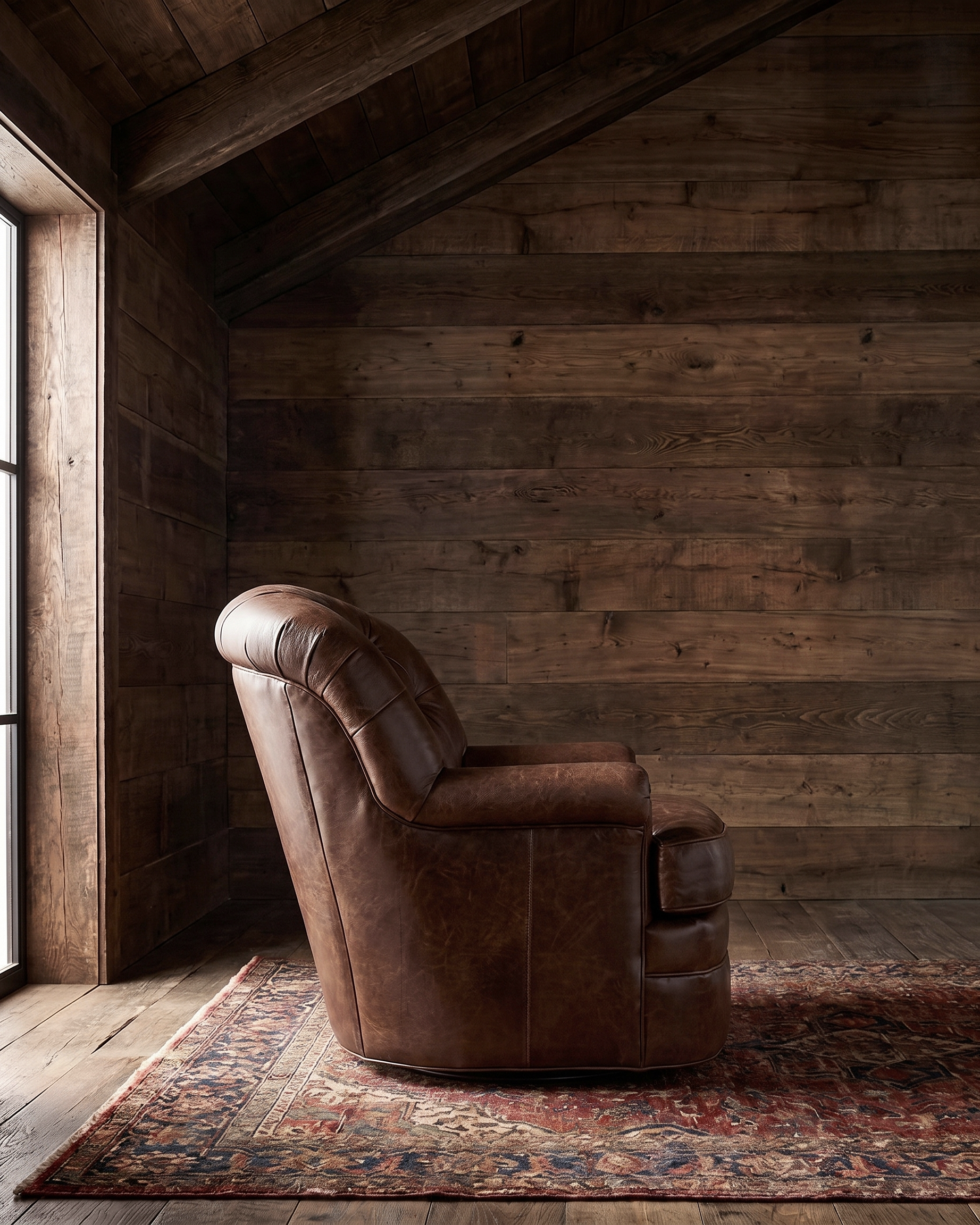 living room custom furniture modern mountain leather chair Hello Norden - Astrid Swivel Chair in St Croix Holm Sweet Holm leather, shown in a rustic modern room