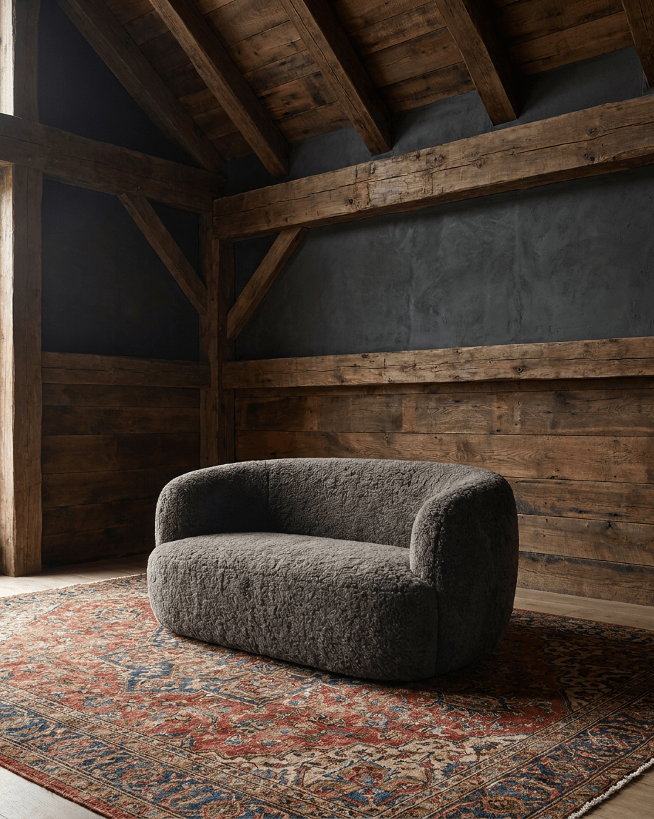 living room custom furniture modern mountain velvet chair Hello Norden - Bella Swivel Lounge Chair in Banks Velvet - Toffee, shown in a rustic modern room