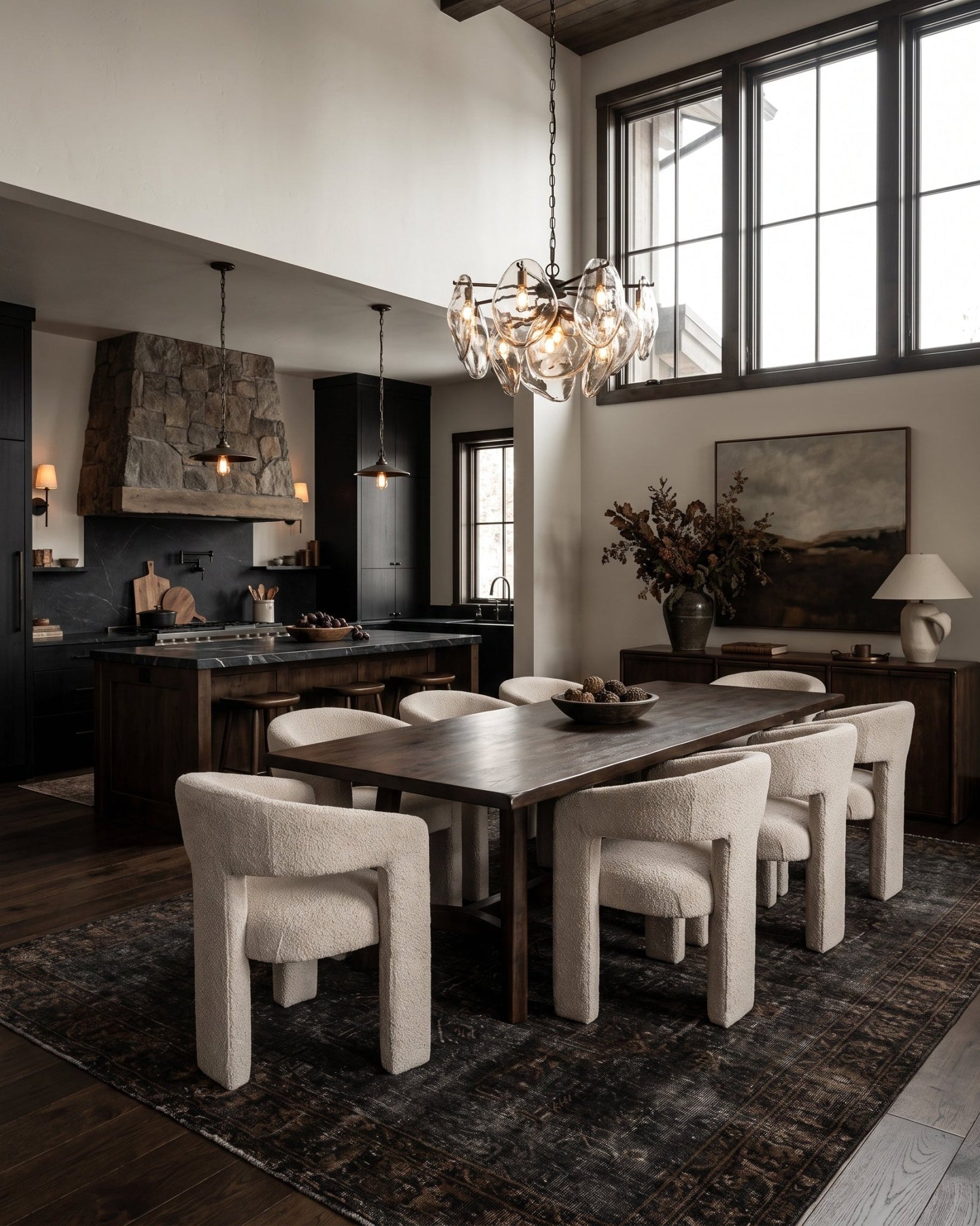 dining room modern mountain boucle dining chair Hello Norden - Beret Dining Chair, shown in a rustic modern room
