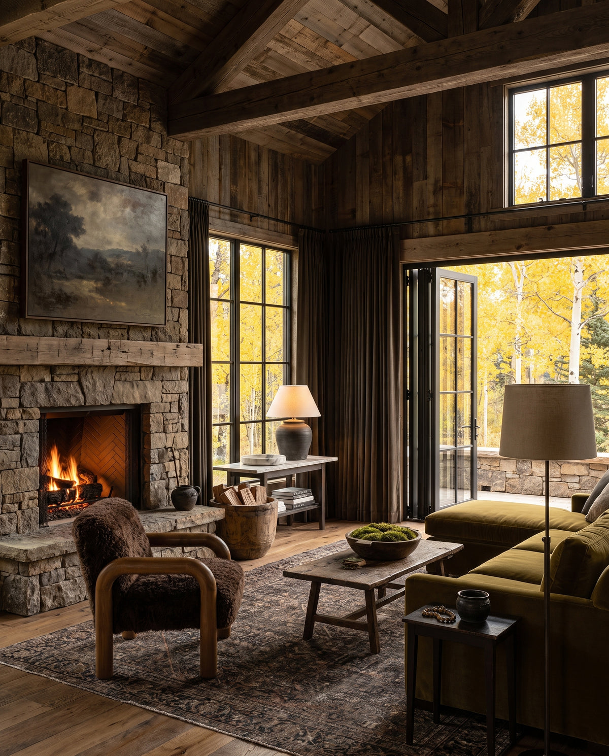 living room furniture modern mountain faux fur fabric and rubber wood lounge chair Hello Norden - Bergljot Occasional Chair, styled in a modern rustic room