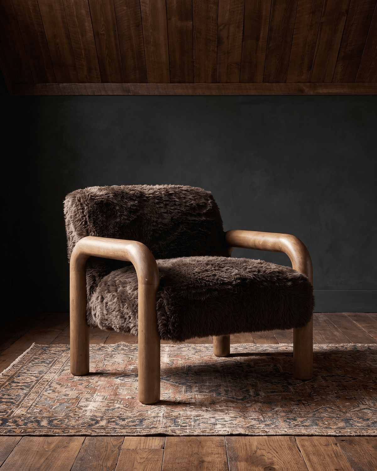 living room furniture modern mountain faux fur fabric and rubber wood lounge chair Hello Norden - Bergljot Occasional Chair, styled in a modern rustic room