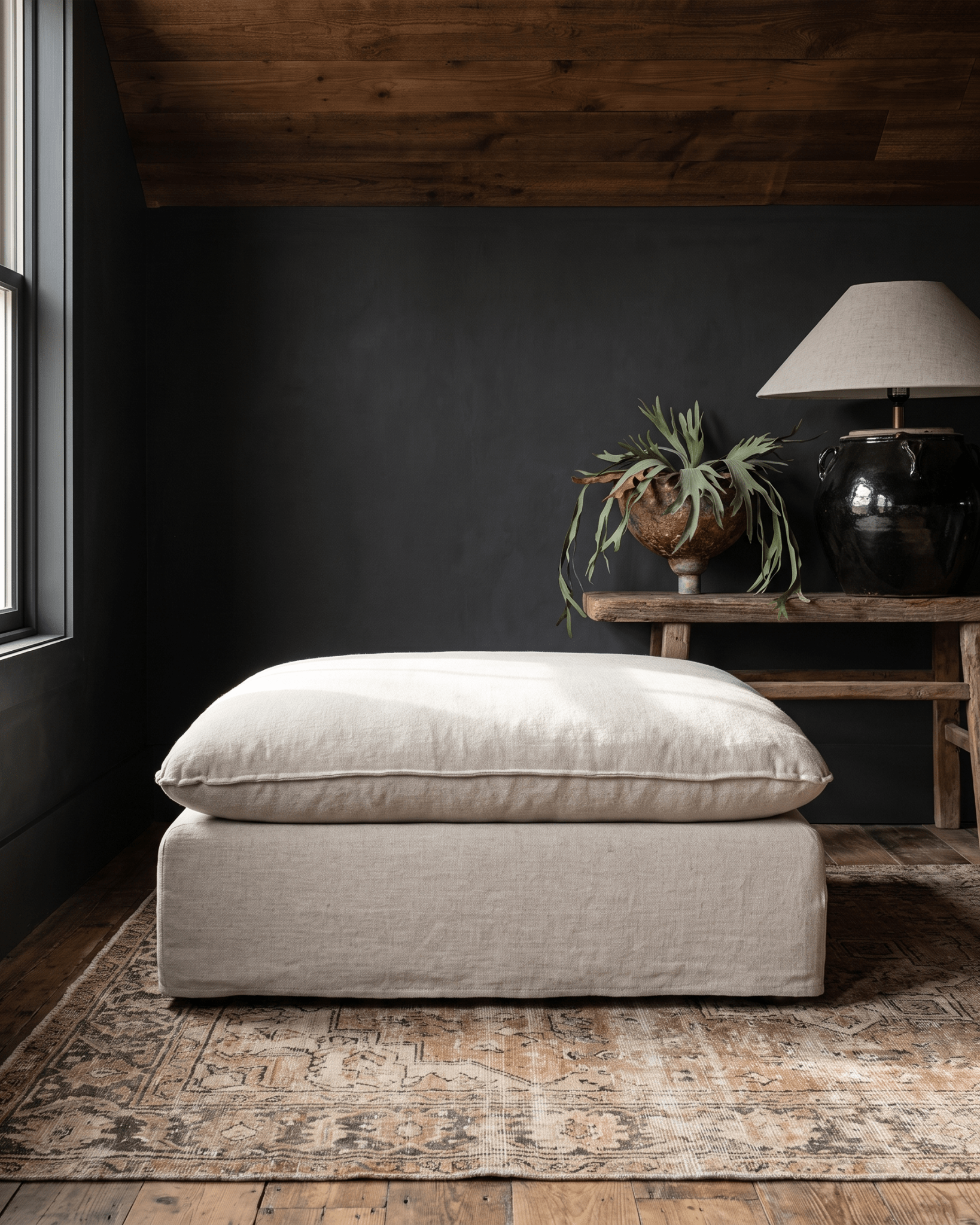 living room furniture modern mountain ottoman Hello Norden - Berit Ottoman, styled in a modern rustic room