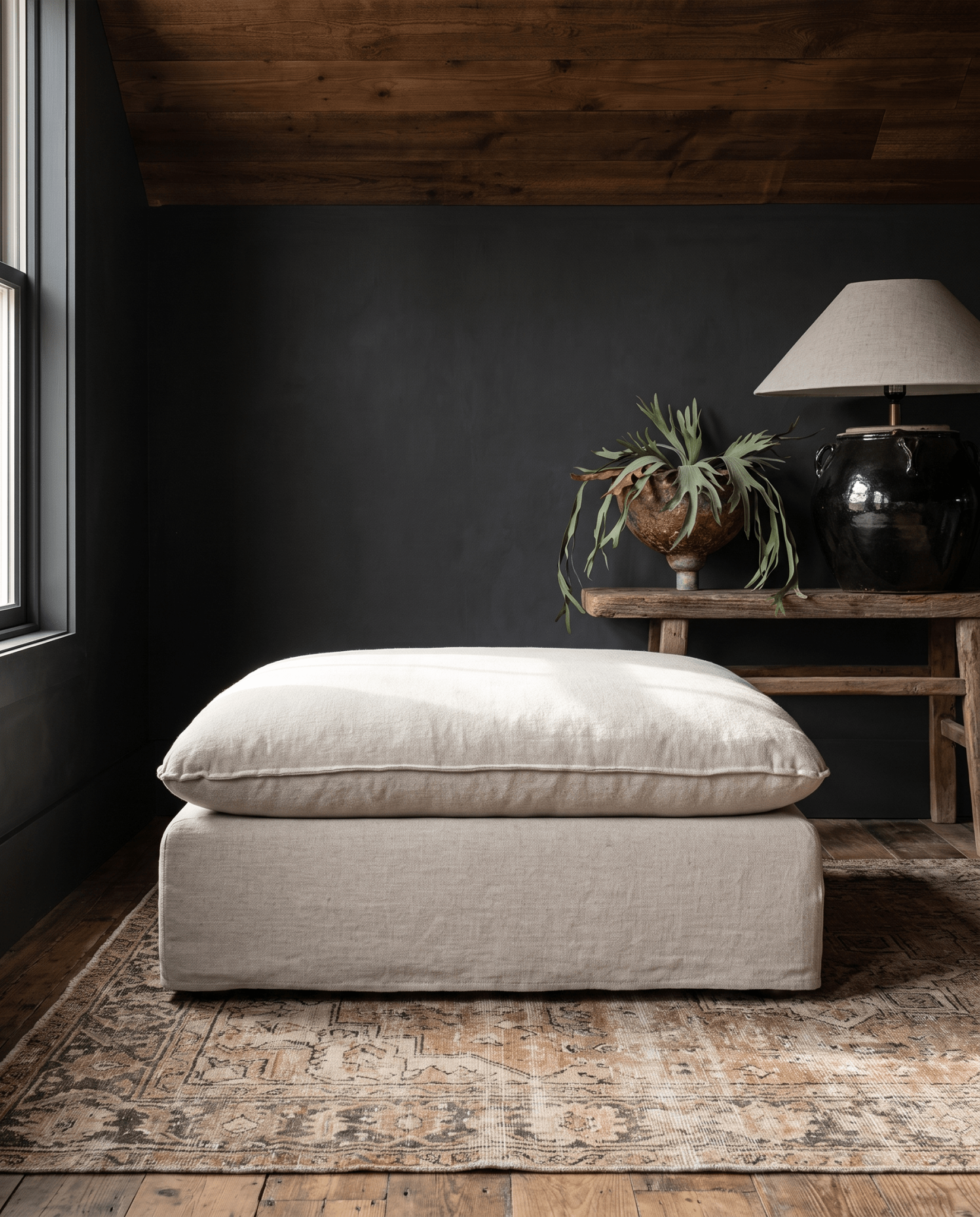 living room furniture modern mountain ottoman Hello Norden - Berit Ottoman, styled in a modern rustic room