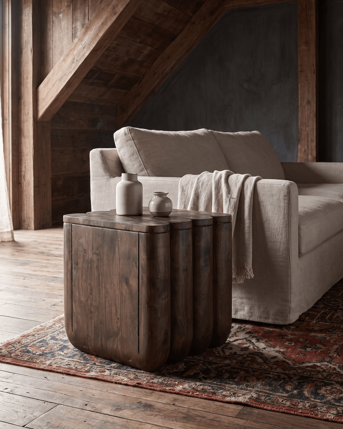 living room furniture modern mountain table Hello Norden - Bo Walnut Fluted End Table, styled in a modern rustic room