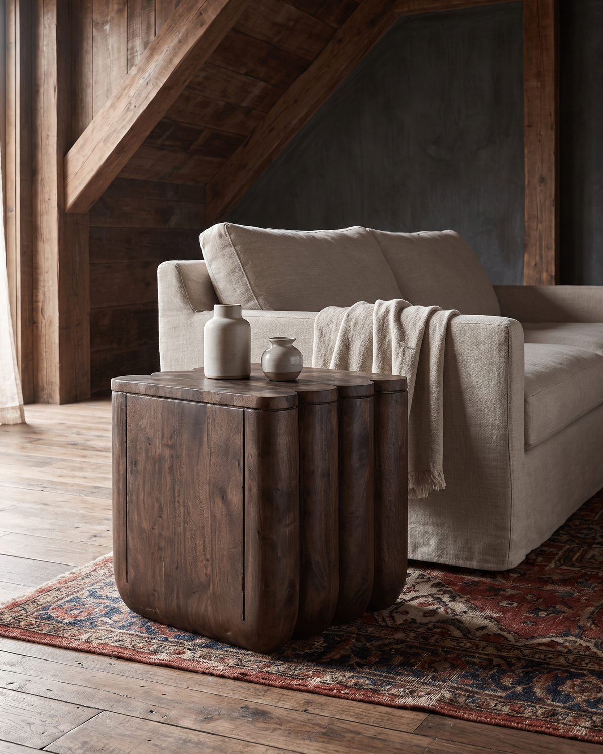 living room furniture modern mountain table Hello Norden - Bo Walnut Fluted End Table, styled in a modern rustic room