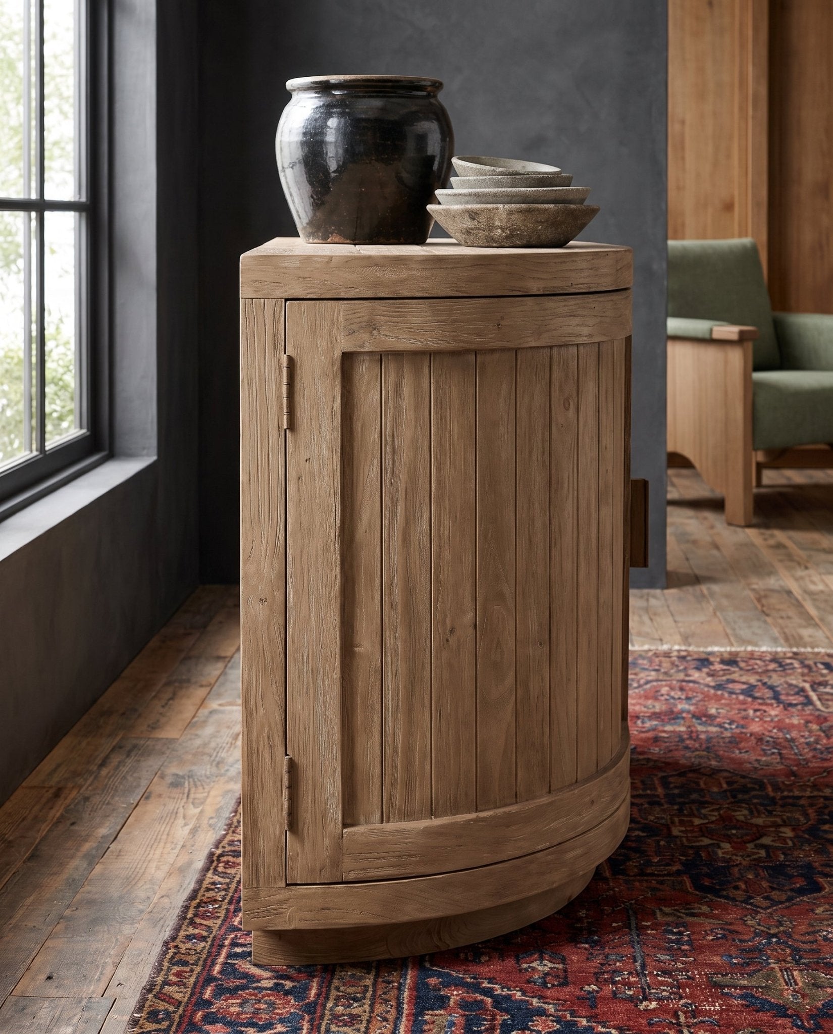 modern mountain Adele Reclaimed Pine Wood Cabinet Hello Norden, shown in a rustic modern room