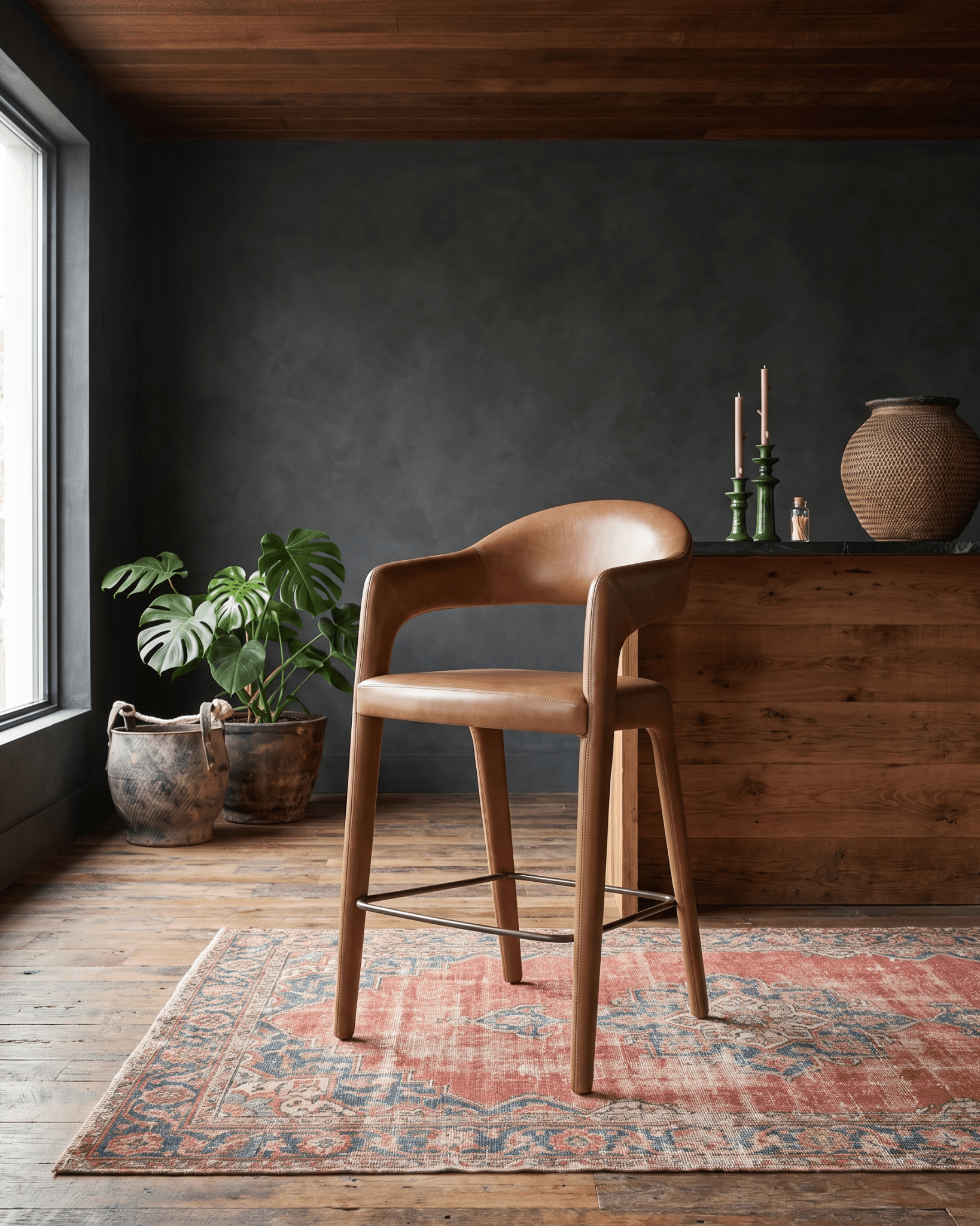 living room furniture modern mountain stool Hello Norden - Casper Leather Bar Stool, styled in a modern rustic room