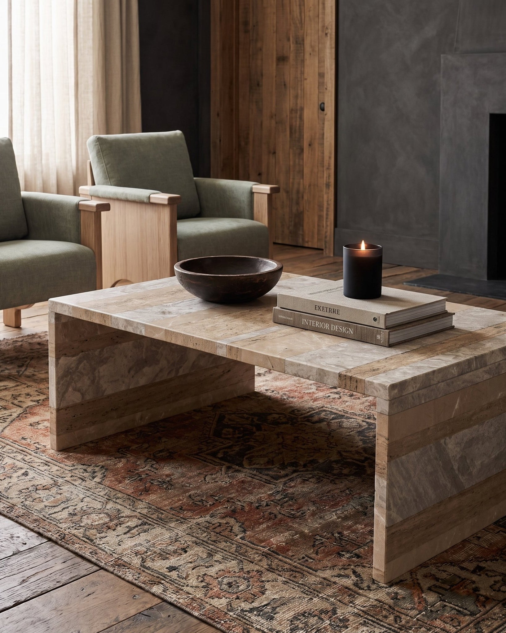 living room modern mountain coffee table Hello Norden - Clara Marble Coffee Table, shown in a rustic modern room, close-up