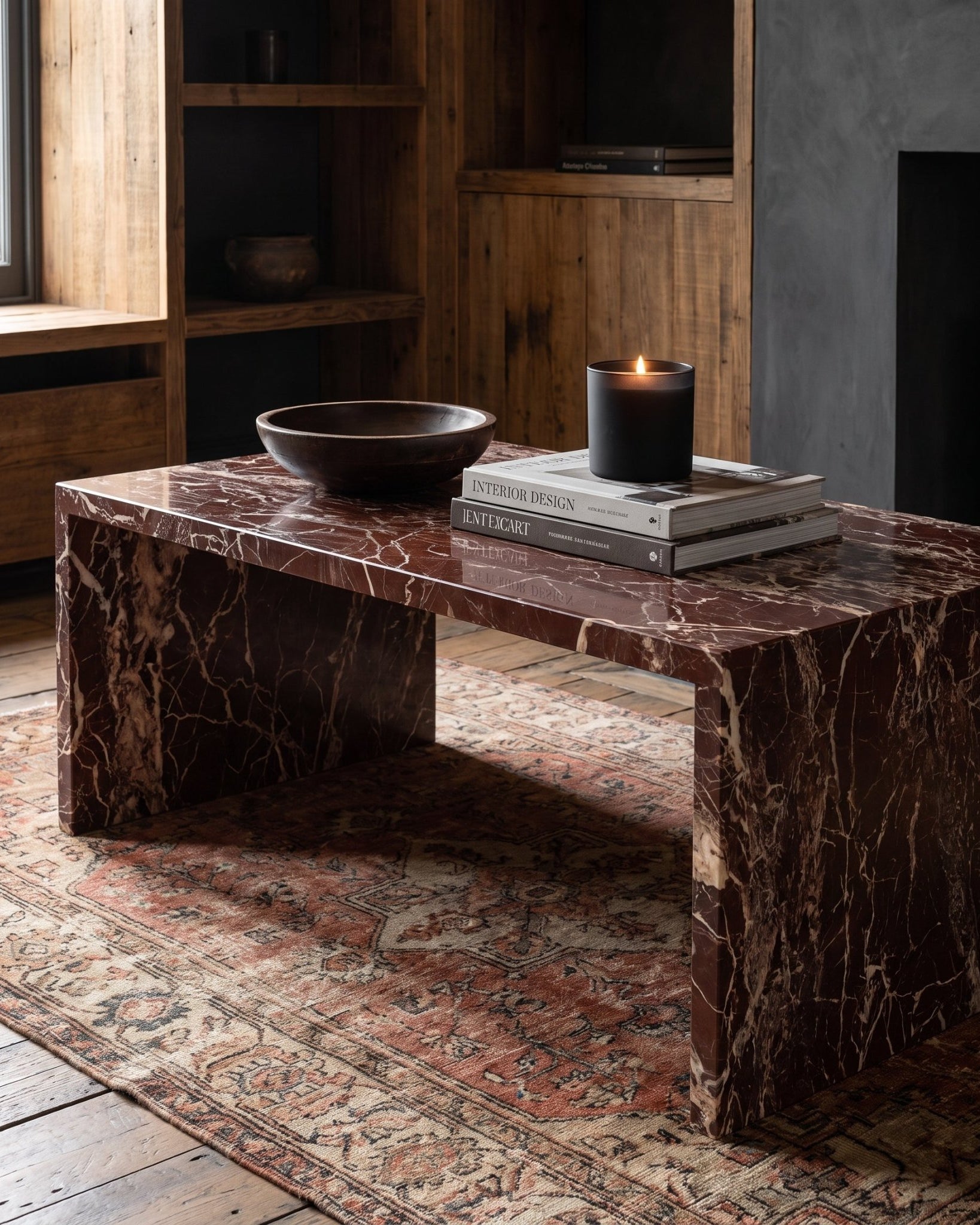 living room modern mountain red marble coffee table Hello Norden - Clara Marble Coffee Table in Rosso, shown in a rustic modern room, close-up