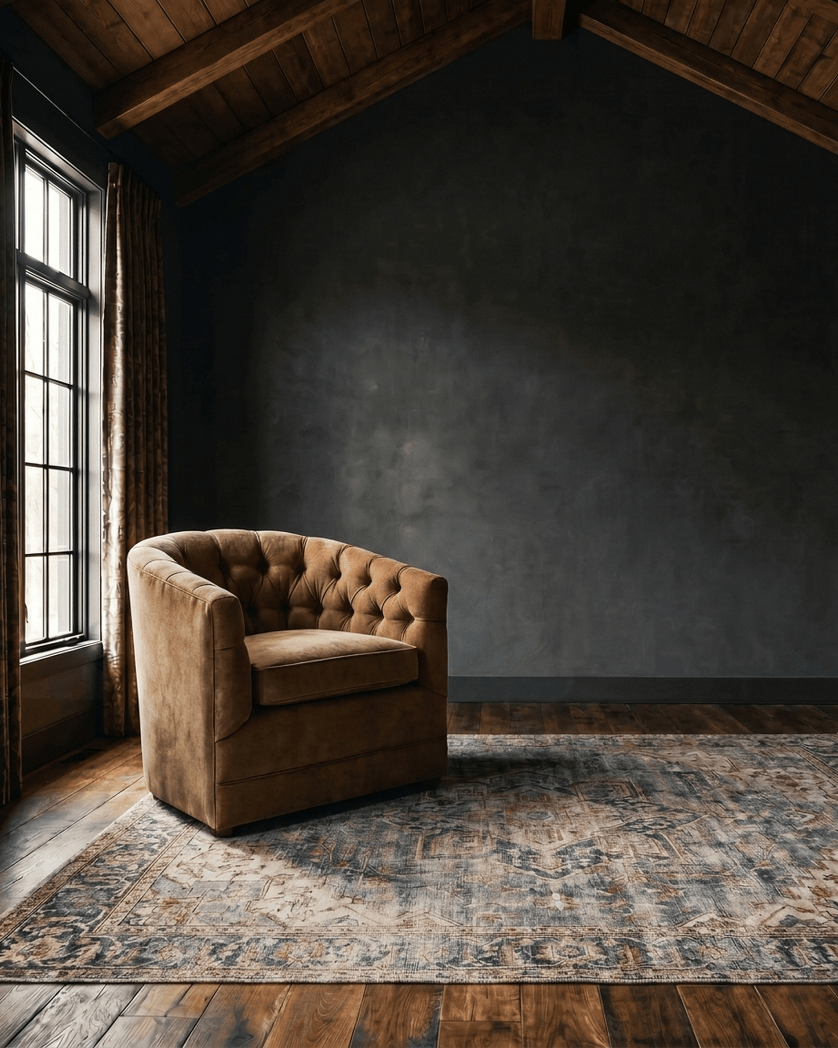 living room custom furniture modern mountain velvet chair Hello Norden - Connor Lounge Chair in Banks Velvet - Toffee, shown in a rustic modern room
