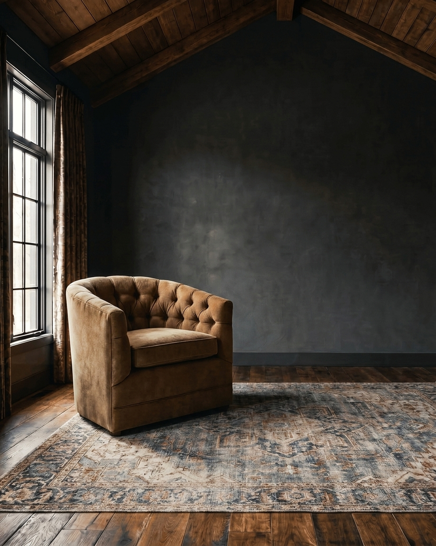 living room custom furniture modern mountain velvet chair Hello Norden - Connor Lounge Chair in Banks Velvet - Toffee, shown in a rustic modern room