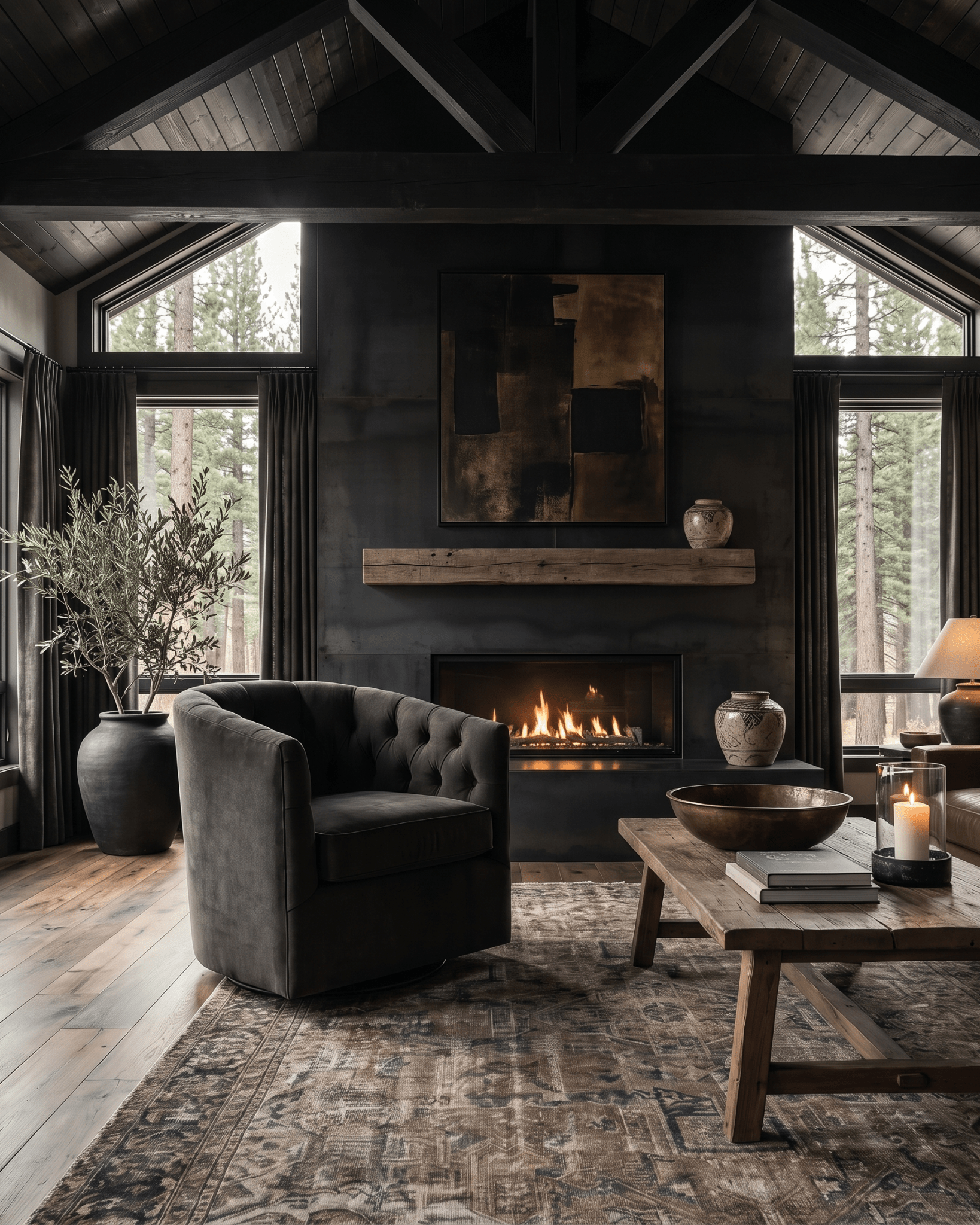 living room custom furniture modern mountain velvet chair Hello Norden - Connor Swivel Lounge Chair in Banks Mink, shown in a rustic modern room