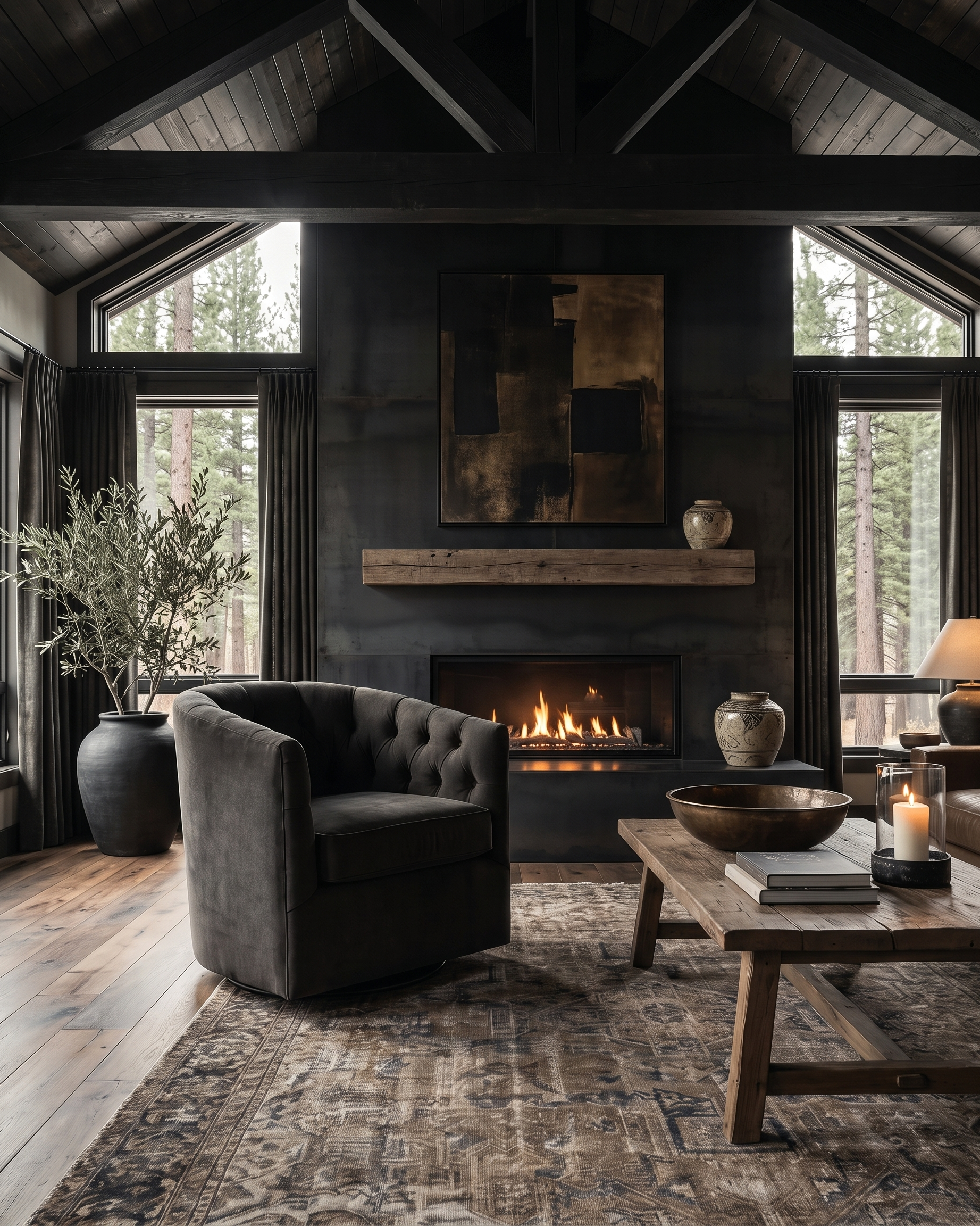 living room custom furniture modern mountain velvet chair Hello Norden - Connor Swivel Lounge Chair in Banks Mink, shown in a rustic modern room