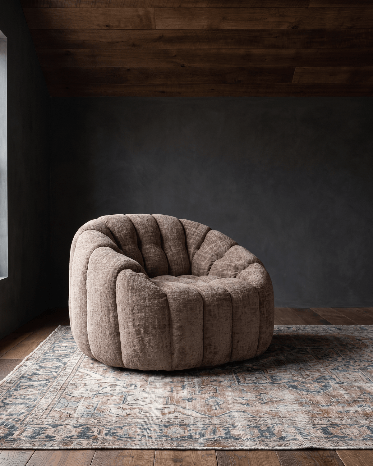 living room furniture modern mountain chenile fabric swivel chair Hello Norden - Herman Swivel Chair, styled in a modern rustic room