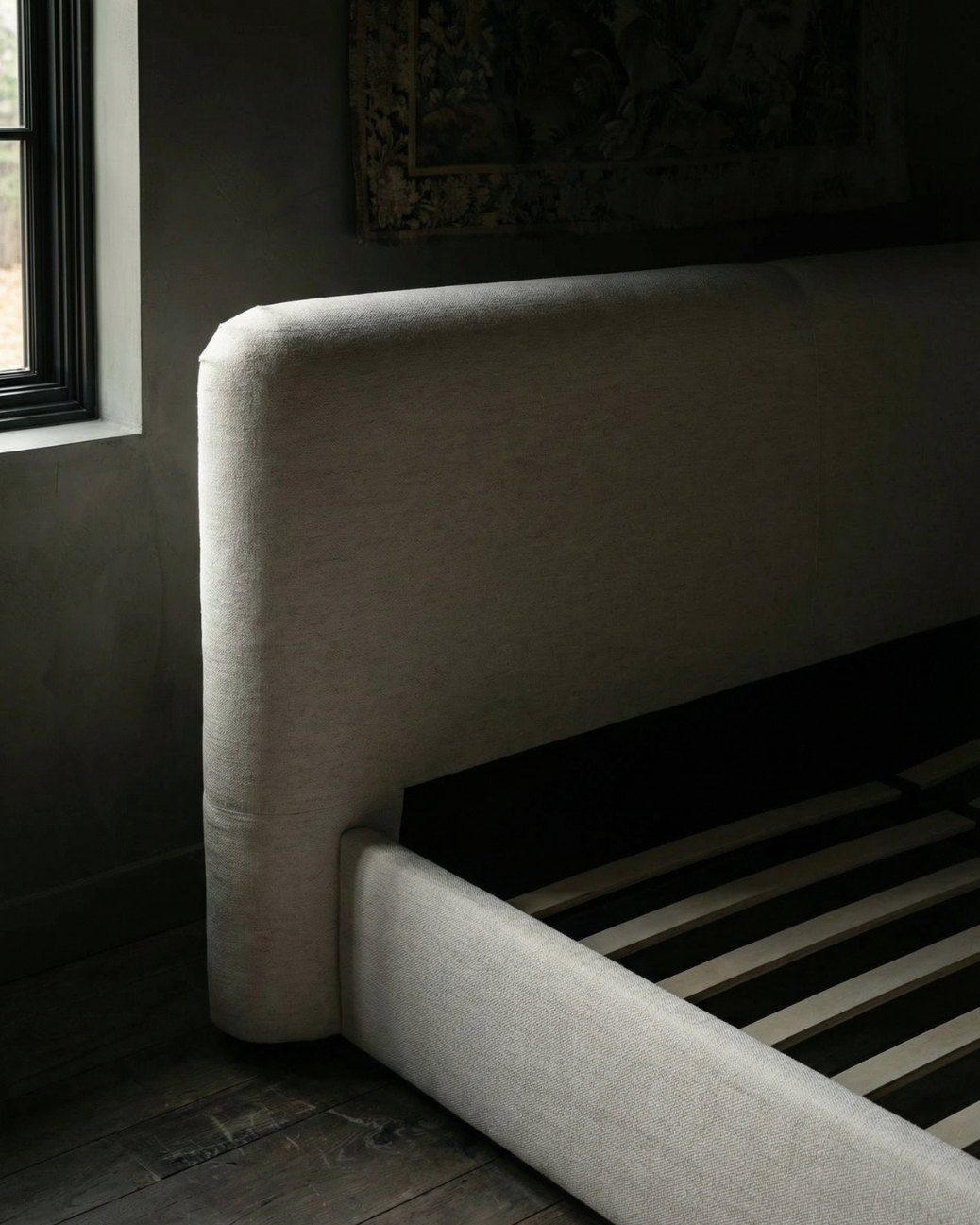 cream tan flax linen king platform bed queen sized modern mountain farmhouse bed