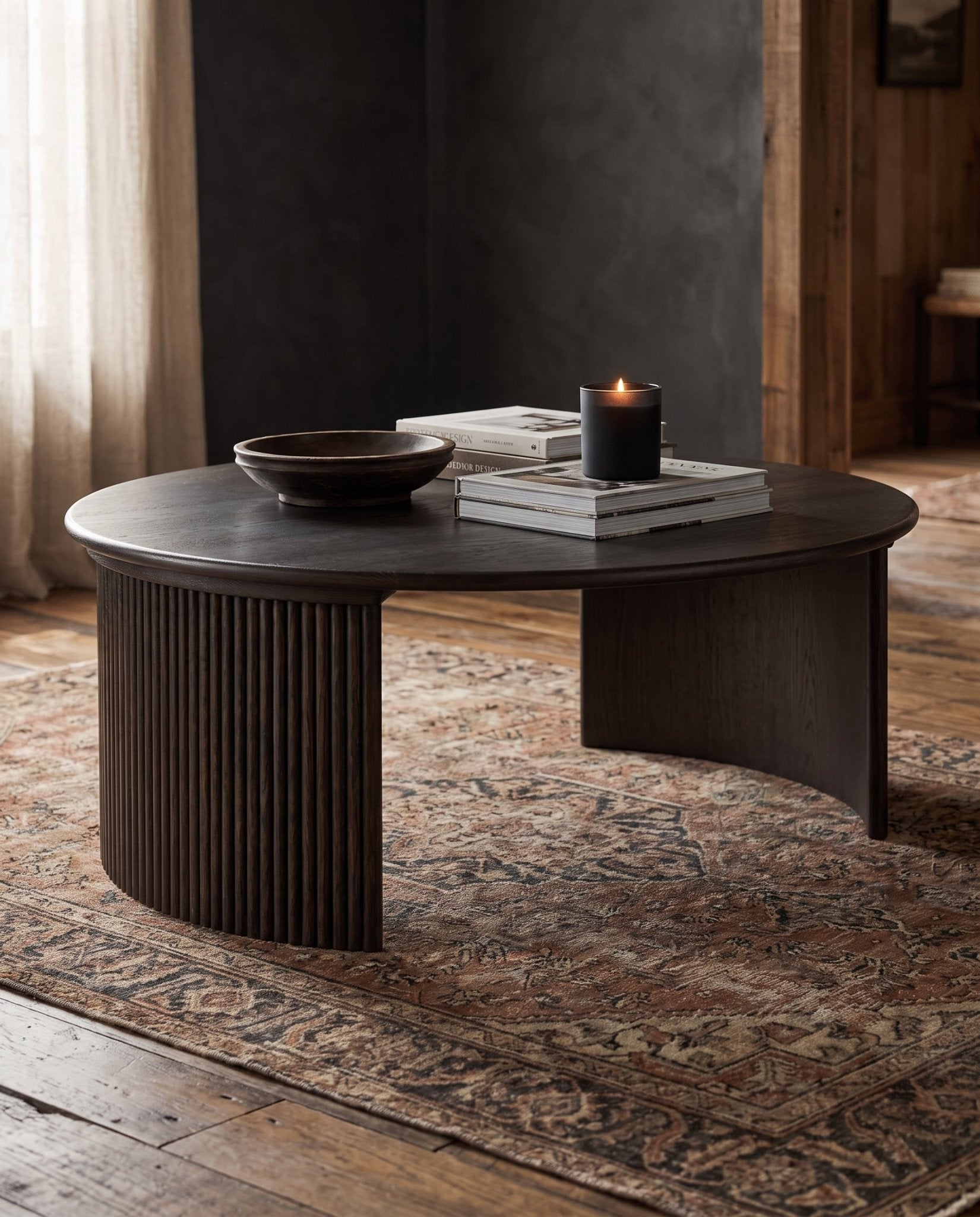 modern mountain Crosby Reeded Wood Coffee Table Hello Norden, shown in a rustic modern room