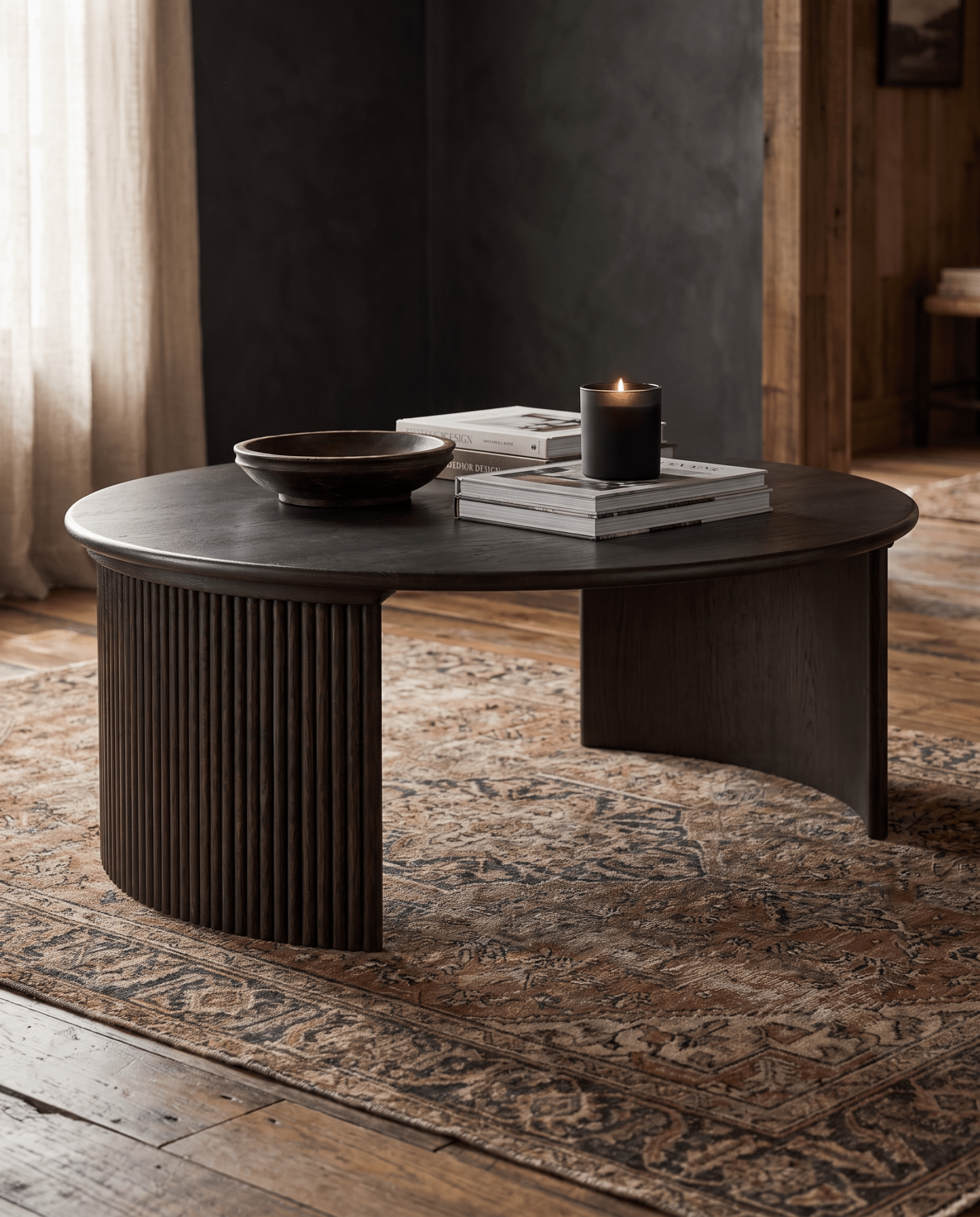 living room furniture modern mountain coffee table Hello Norden - Crosby Reeded Wood Coffee Table, styled in a modern rustic room