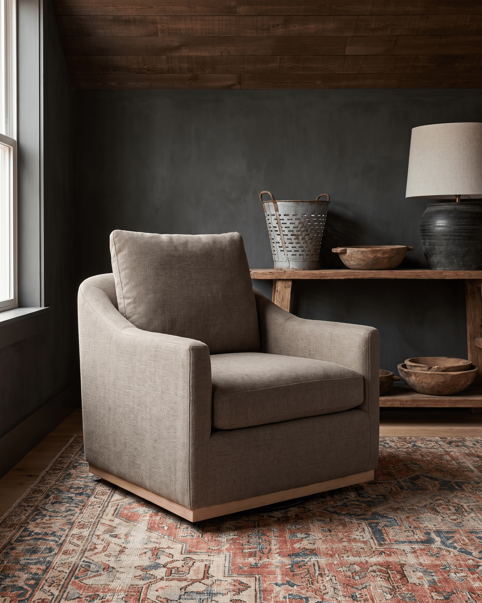 living room furniture modern mountain chair Hello Norden - Dain Swivel Chair, styled in a modern rustic room