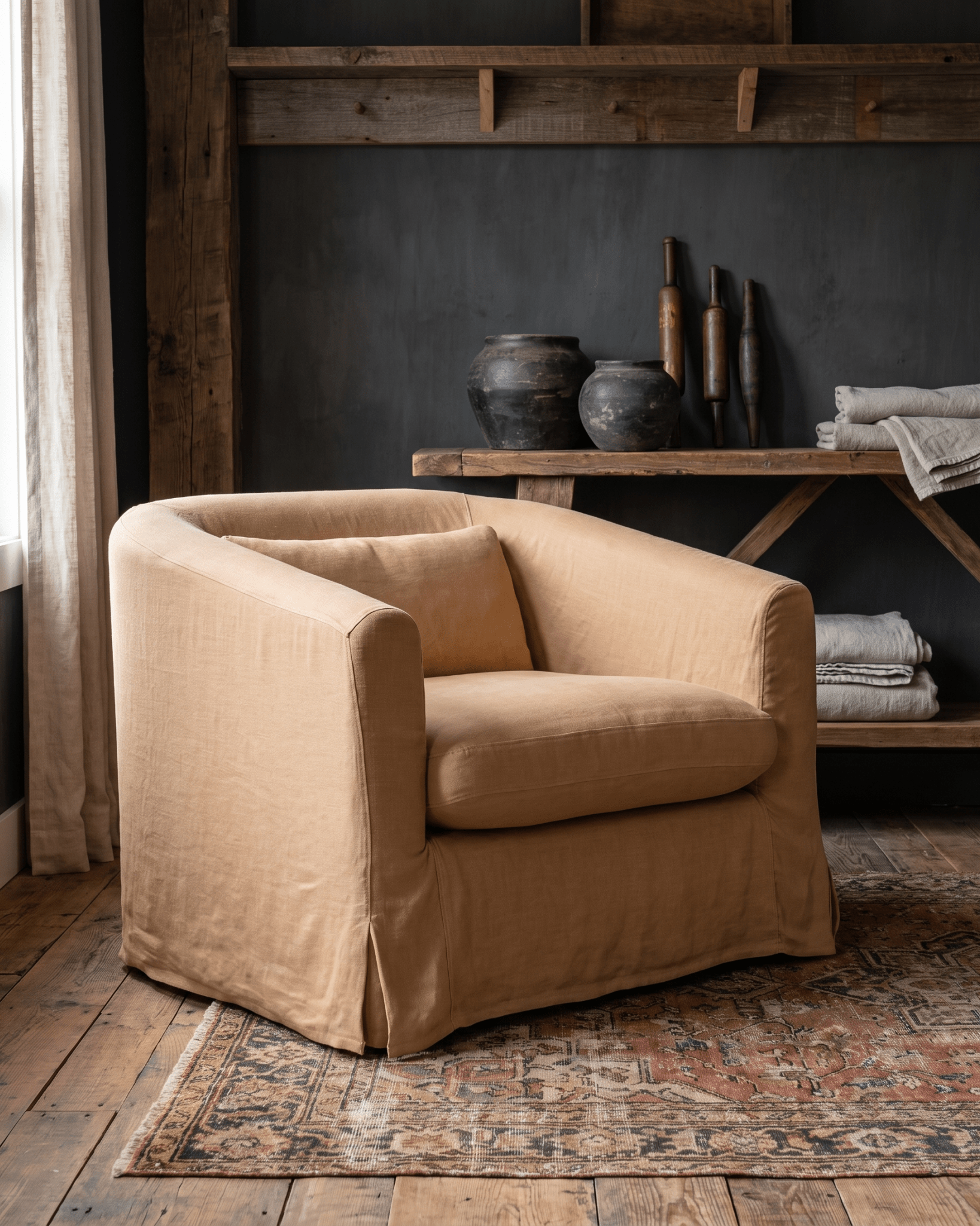 living room furniture modern mountain sofa Hello Norden - Dayne Sofa Chair, styled in a modern rustic room
