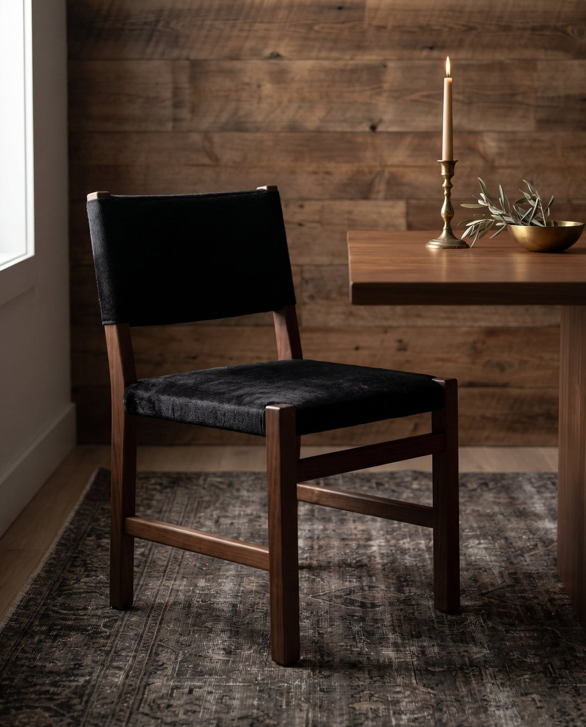 dining room furniture modern mountain upholstery: hair on hide leather dining chair Hello Norden - Thomas Dining Chair, styled in a modern rustic room