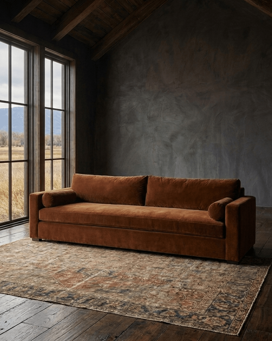 living room furniture modern mountain sofa Hello Norden - Edda Sofa (5'-10' | multiple sizes), styled in a modern rustic room