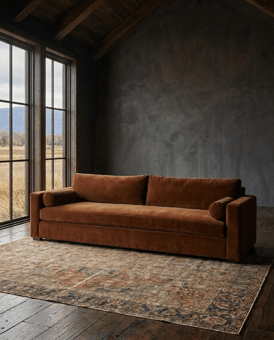 living room furniture modern mountain sofa Hello Norden - Edda Sofa (5'-10' | multiple sizes), styled in a modern rustic room