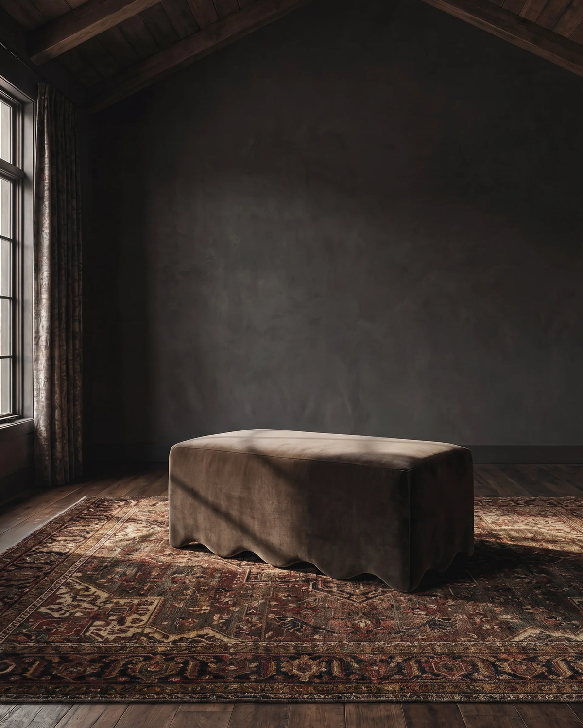 living room custom furniture modern mountain velvet ottoman Hello Norden - Elias Ottoman in Banks Eco-Performance Velvet in Mink, shown in a rustic modern room