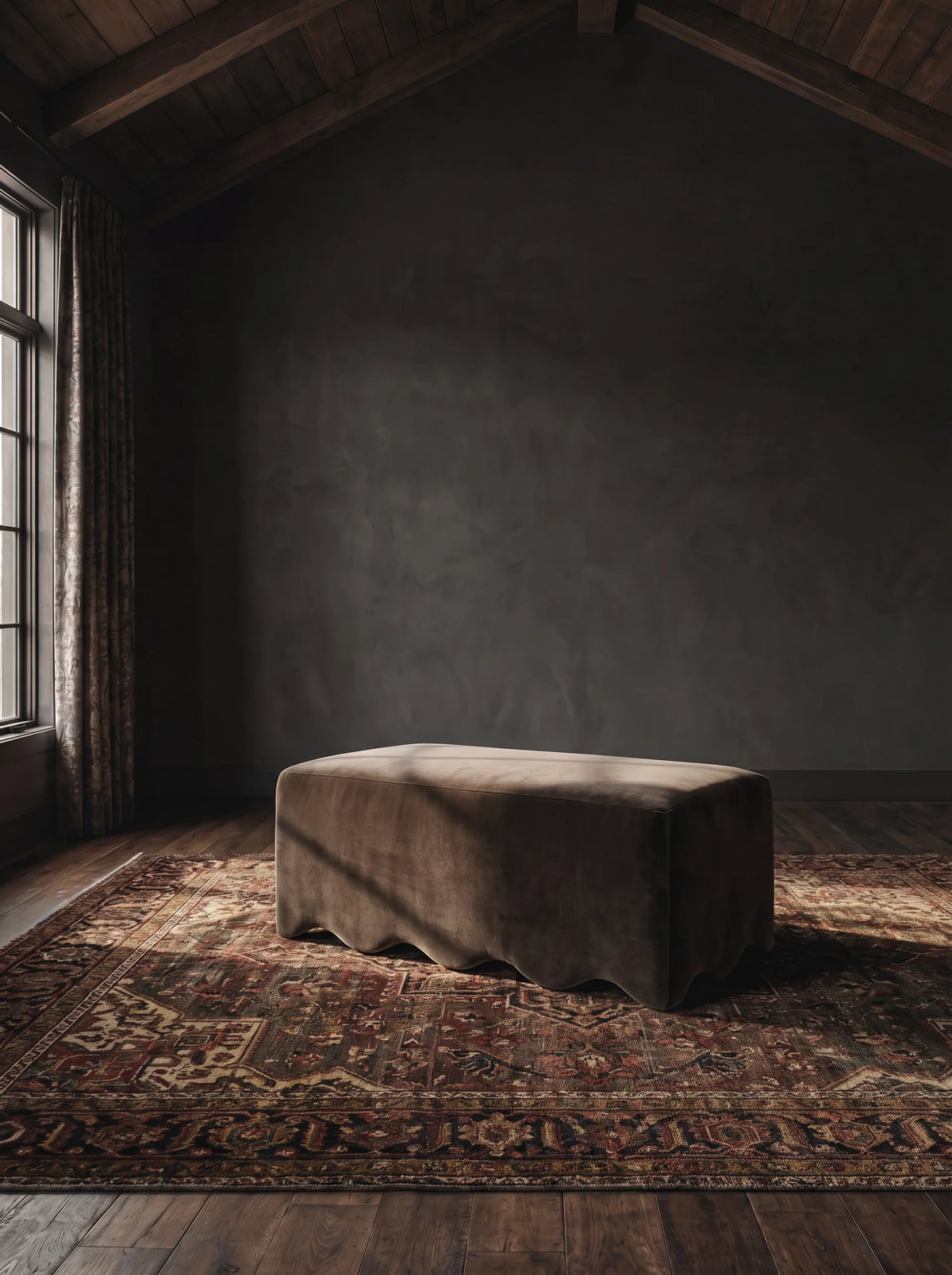 living room custom furniture modern mountain velvet ottoman Hello Norden - Elias Ottoman in Banks Eco-Performance Velvet in Mink, shown in a rustic modern room