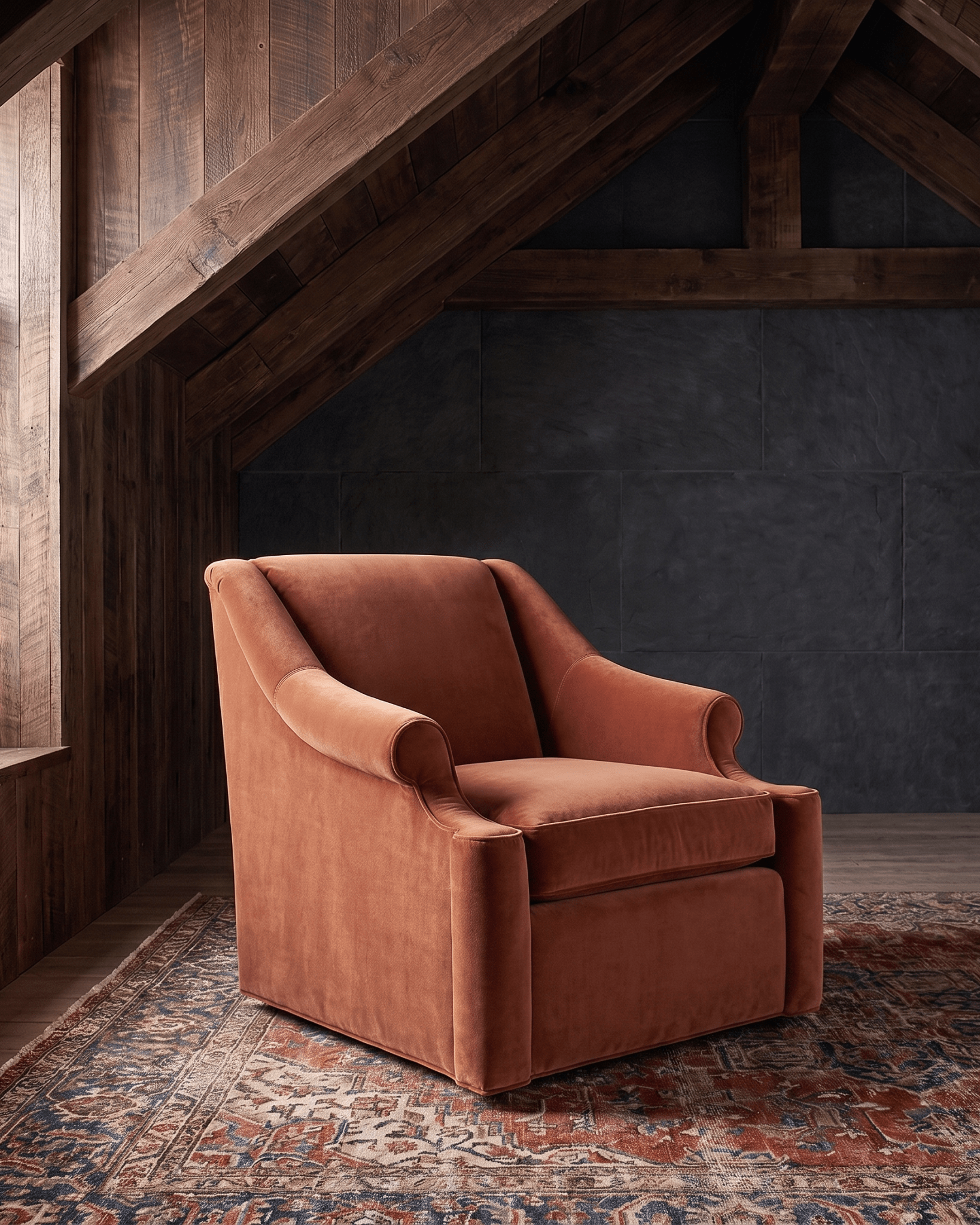living room custom furniture modern mountain velvet chair Hello Norden - Ellsworth Chair in Banks Eco-Performance Velvet in Desert, shown in a rustic modern room