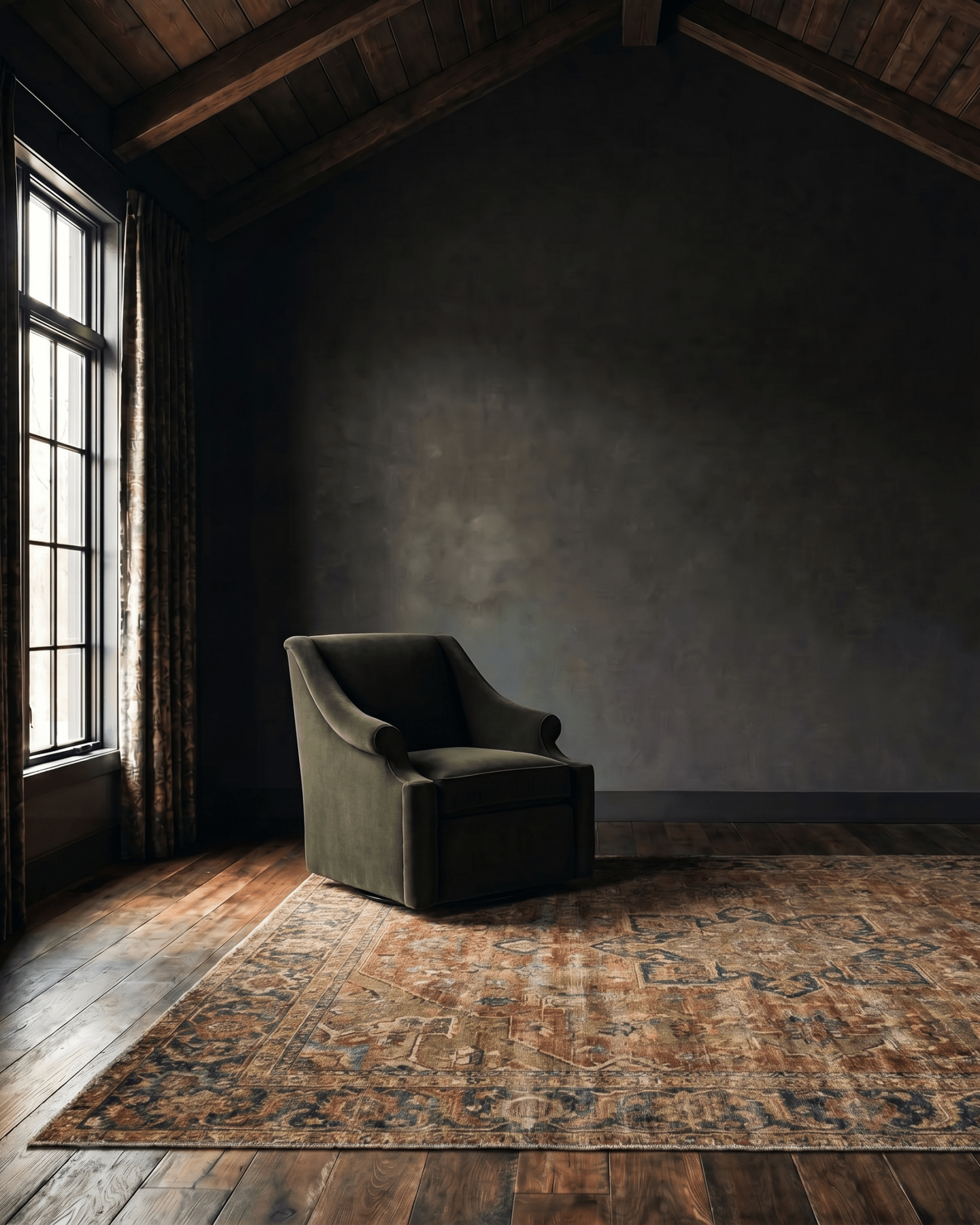 living room custom furniture modern mountain velvet chair Hello Norden - Ellsworth Chair in Banks Velvet - balsam, shown in a rustic modern room