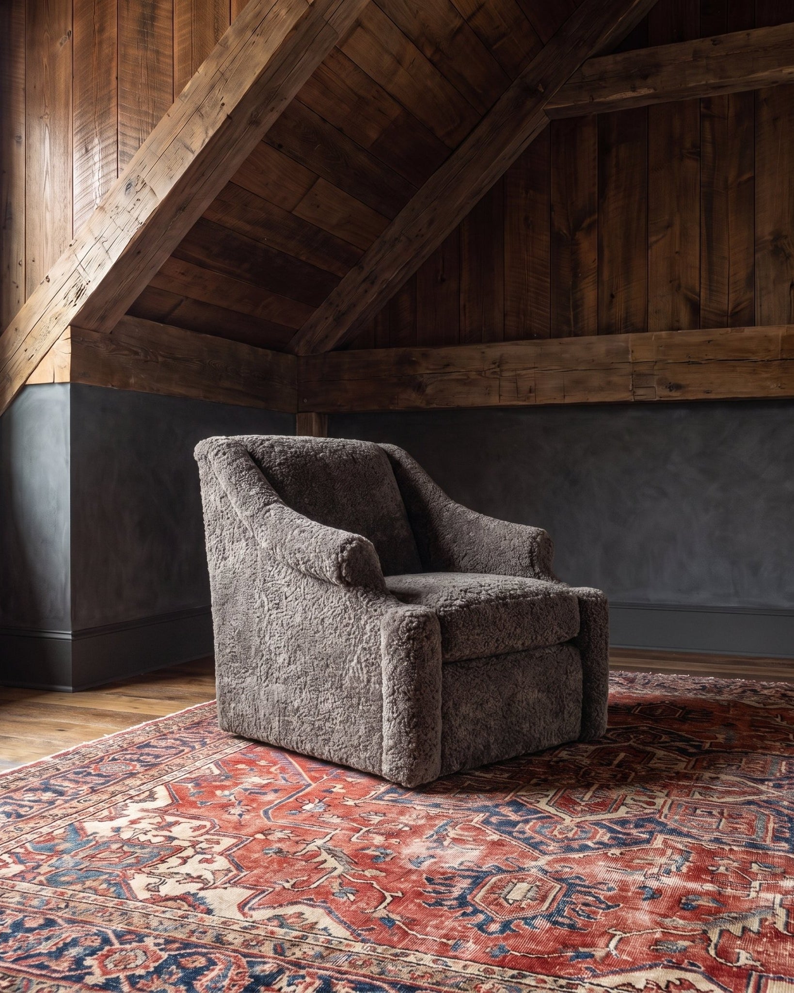living room custom furniture modern mountain sheepskin chair Hello Norden - Ellsworth Chair in Dark Taupe Sheepskin, shown in a rustic modern room