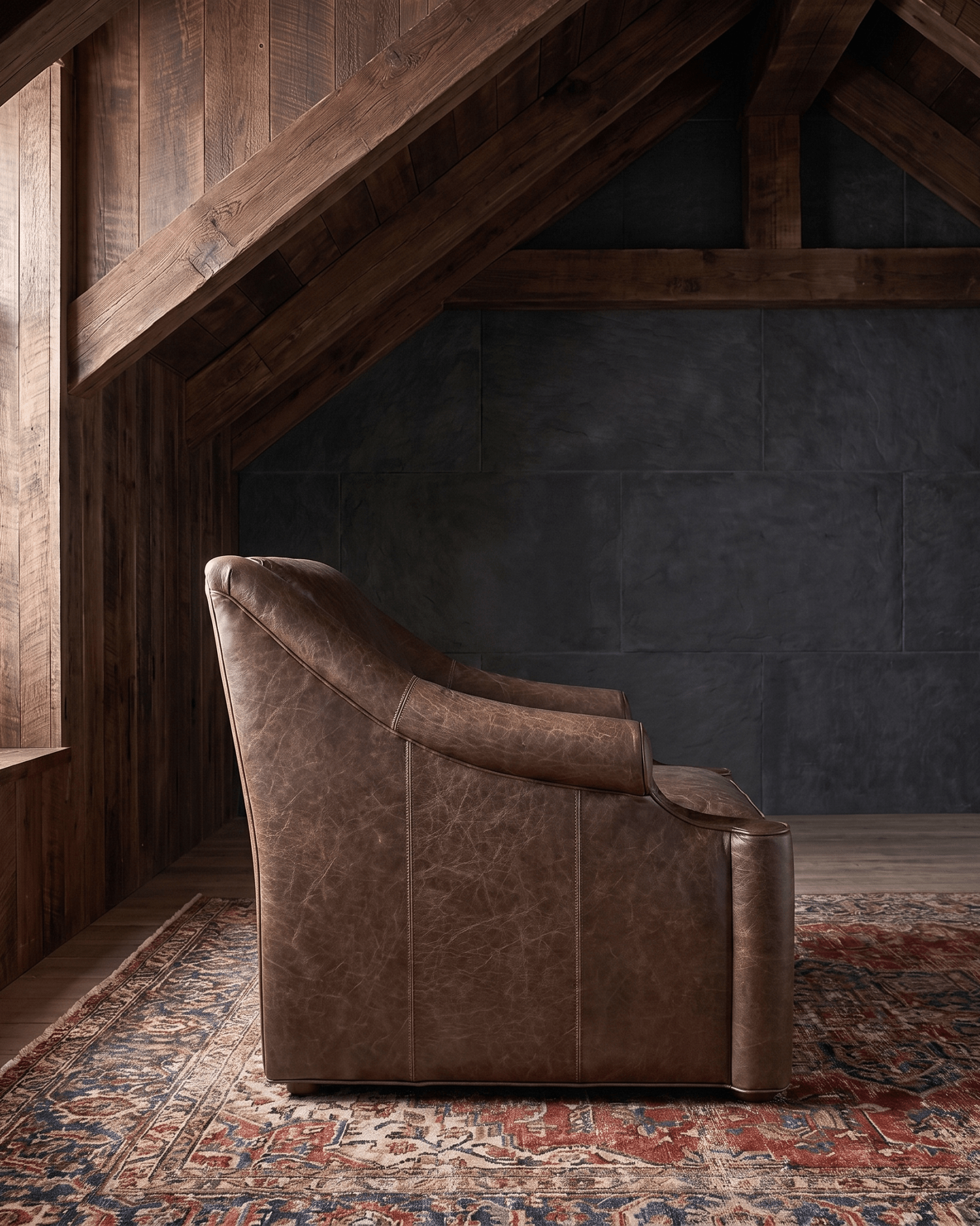 living room custom furniture modern mountain leather chair Hello Norden - Ellsworth Chair in St Croix Holm Sweet Holm leather, shown in a rustic modern room