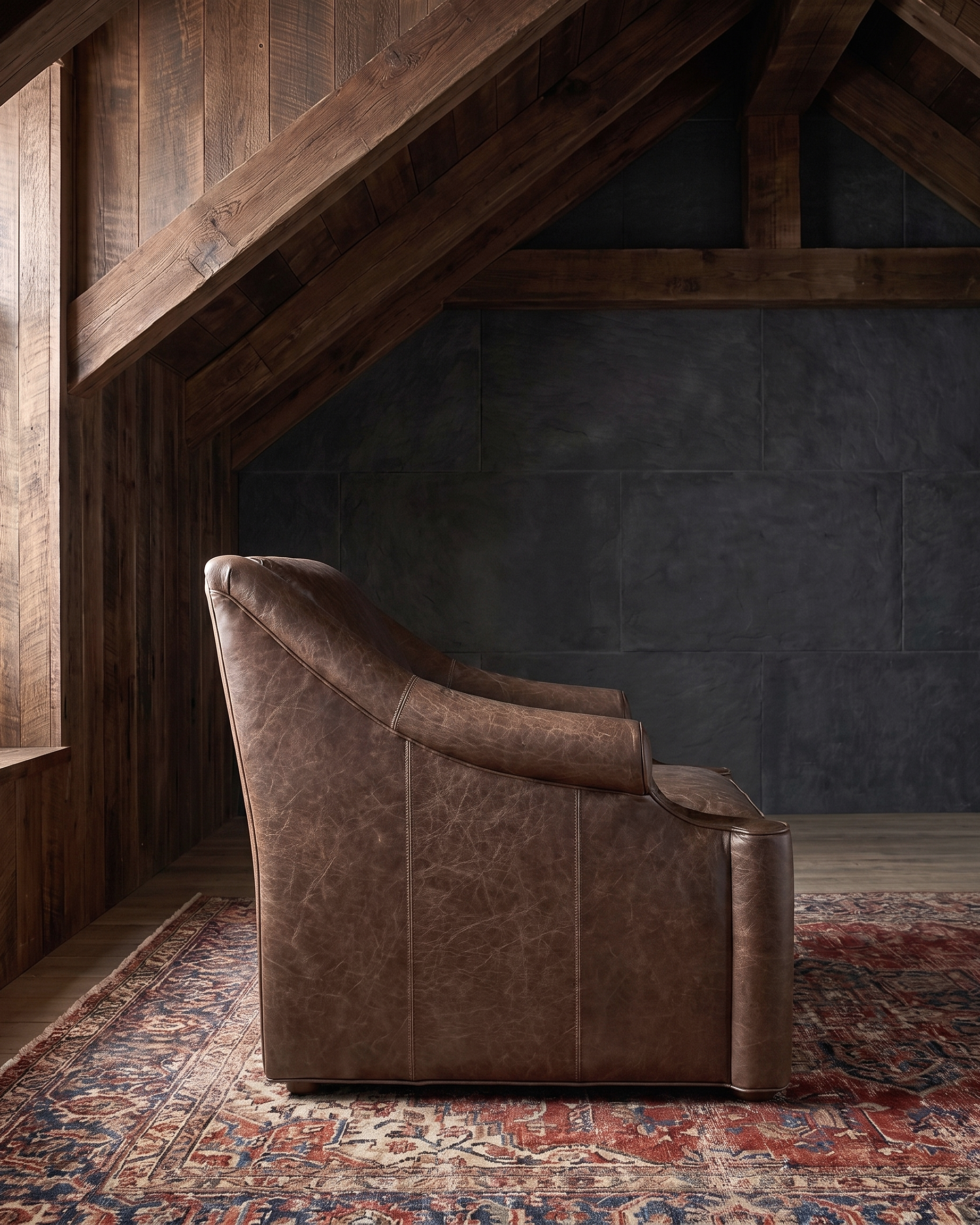 living room custom furniture modern mountain leather chair Hello Norden - Ellsworth Chair in St Croix Holm Sweet Holm leather, shown in a rustic modern room