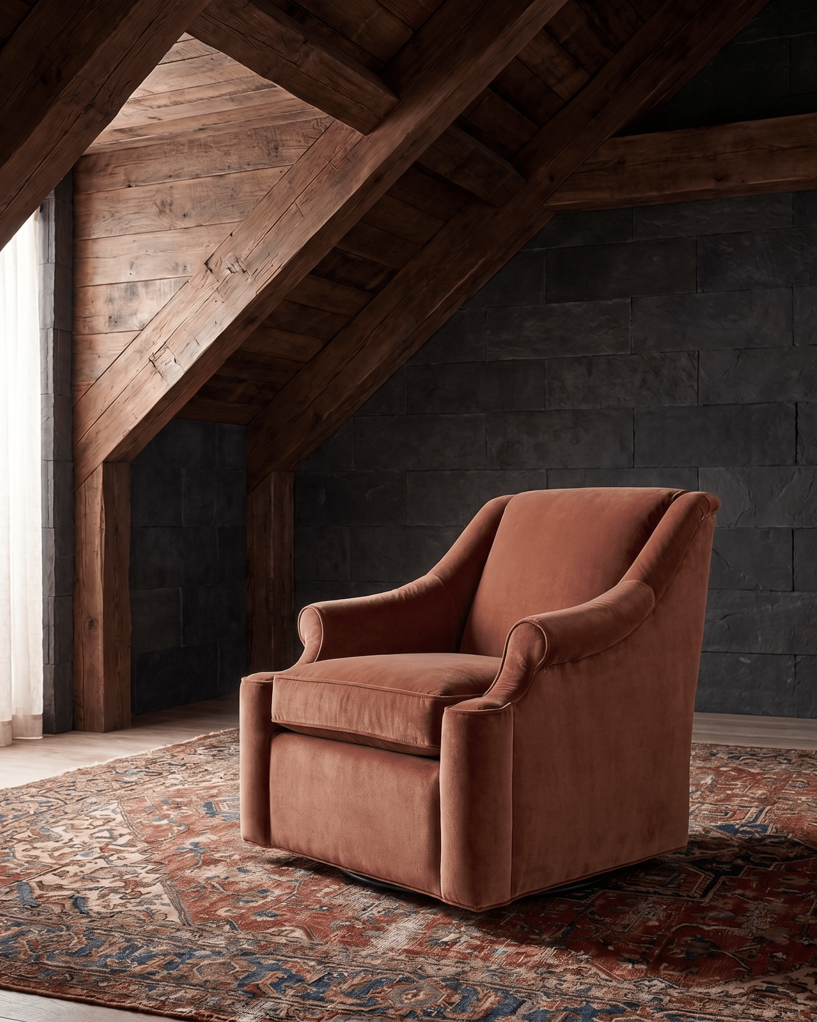 living room custom furniture modern mountain velvet chair Hello Norden - Ellsworth Swivel Chair in Banks Eco-Performance Velvet in Desert, shown in a rustic modern room
