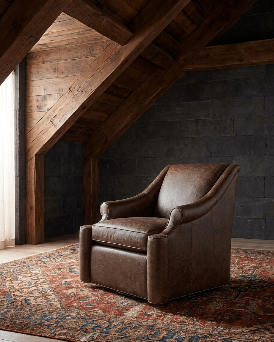 living room custom furniture modern mountain leather chair Hello Norden - Ellsworth Swivel Chair in St Croix Holm Sweet Holm leather, shown in a rustic modern room