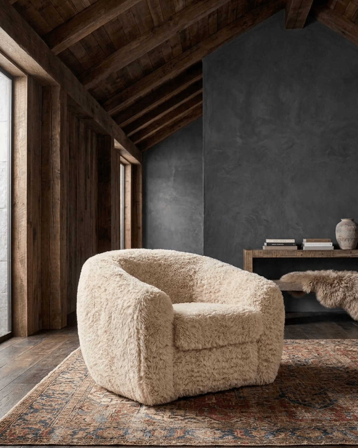 faux fur living room lounge chair Hello Norden modern mountain chair sheepskin cream tan chunky arms