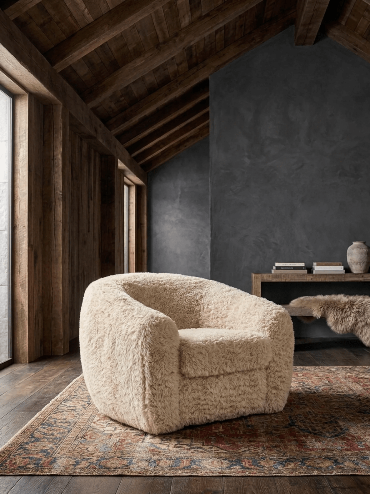 faux fur living room lounge chair Hello Norden modern mountain chair sheepskin cream tan chunky arms