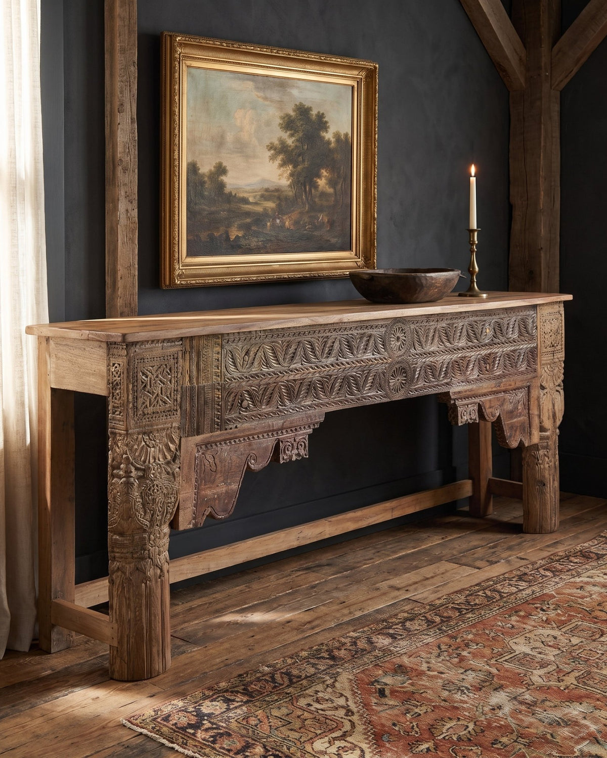living room furniture modern mountain teak wood console Hello Norden - Filip Carving Console, styled in a modern rustic room