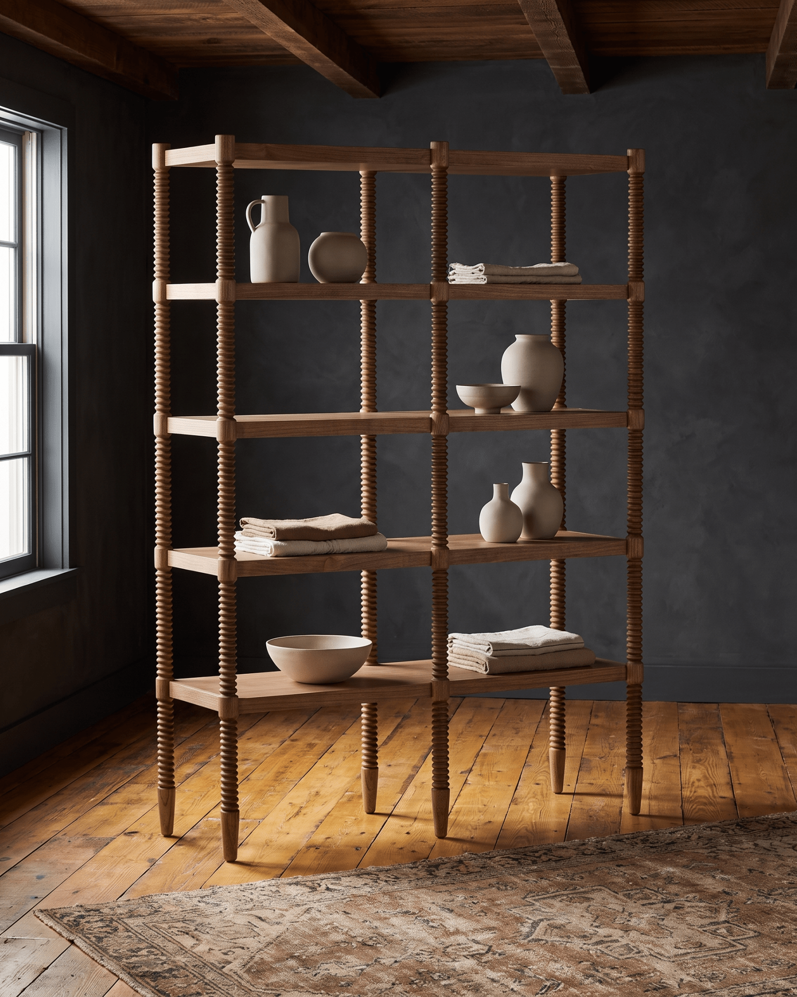 living room furniture modern mountain bookcase Hello Norden - Finnur Bookcase, styled in a modern rustic room