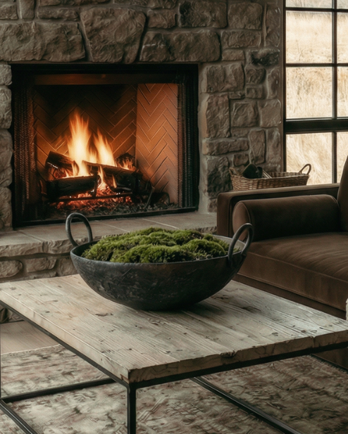 forged iron vintage bowl tray with moss Hello Norden vintage decor mountain modern living room