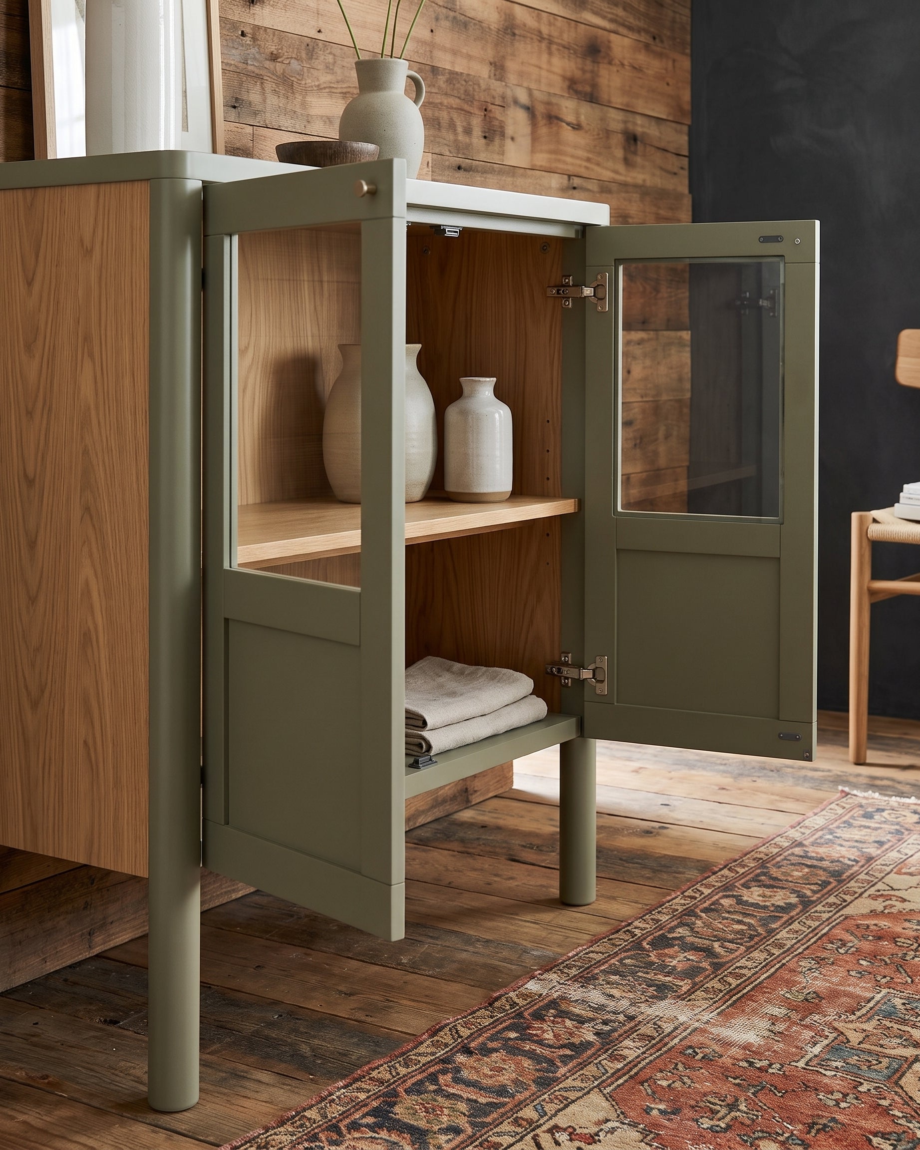 living room furniture modern mountain small glass olive mint green cabinet Hello Norden - Gunnhild Cabinet, styled in a modern rustic room