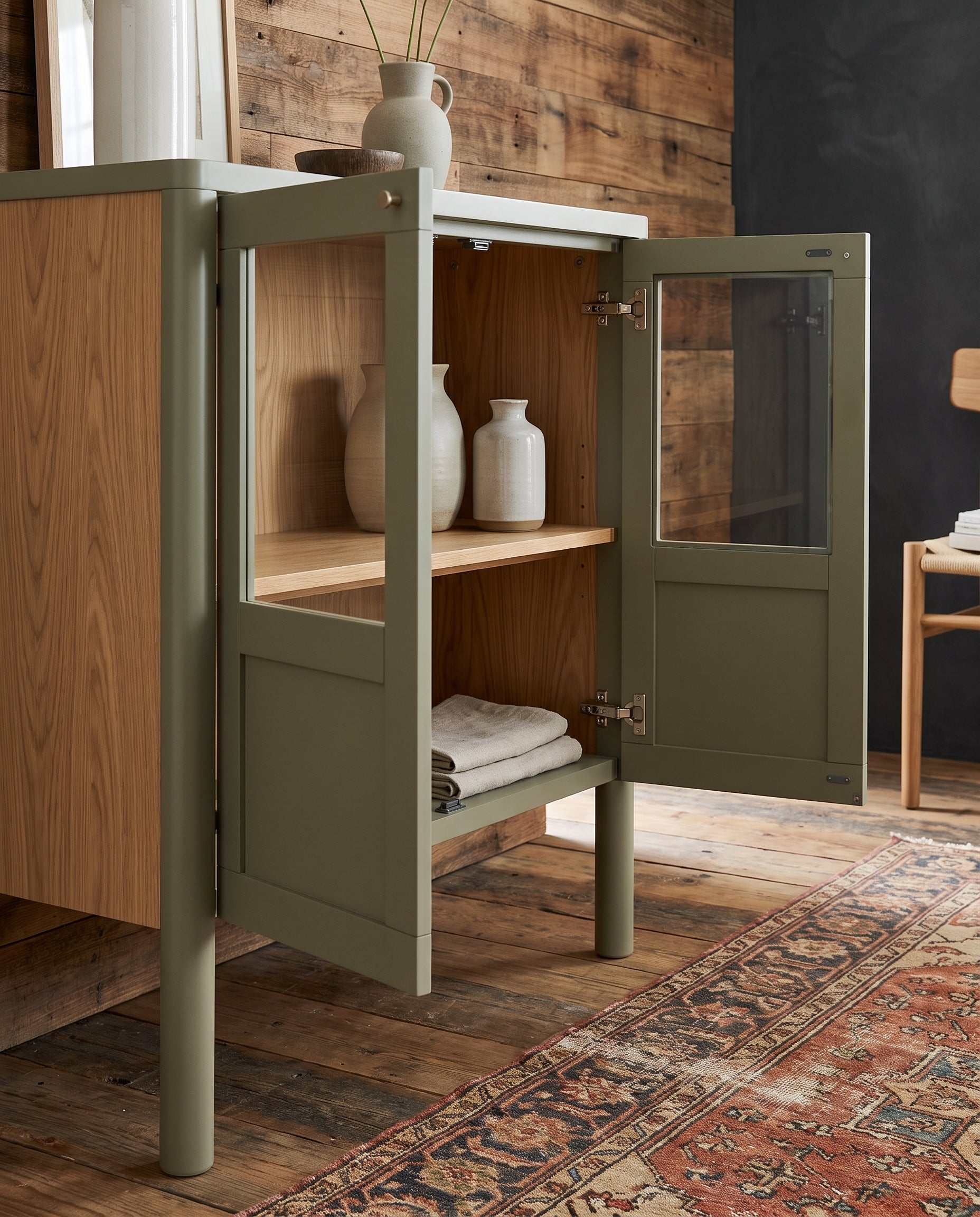 living room furniture modern mountain small glass olive mint green cabinet Hello Norden - Gunnhild Cabinet, styled in a modern rustic room