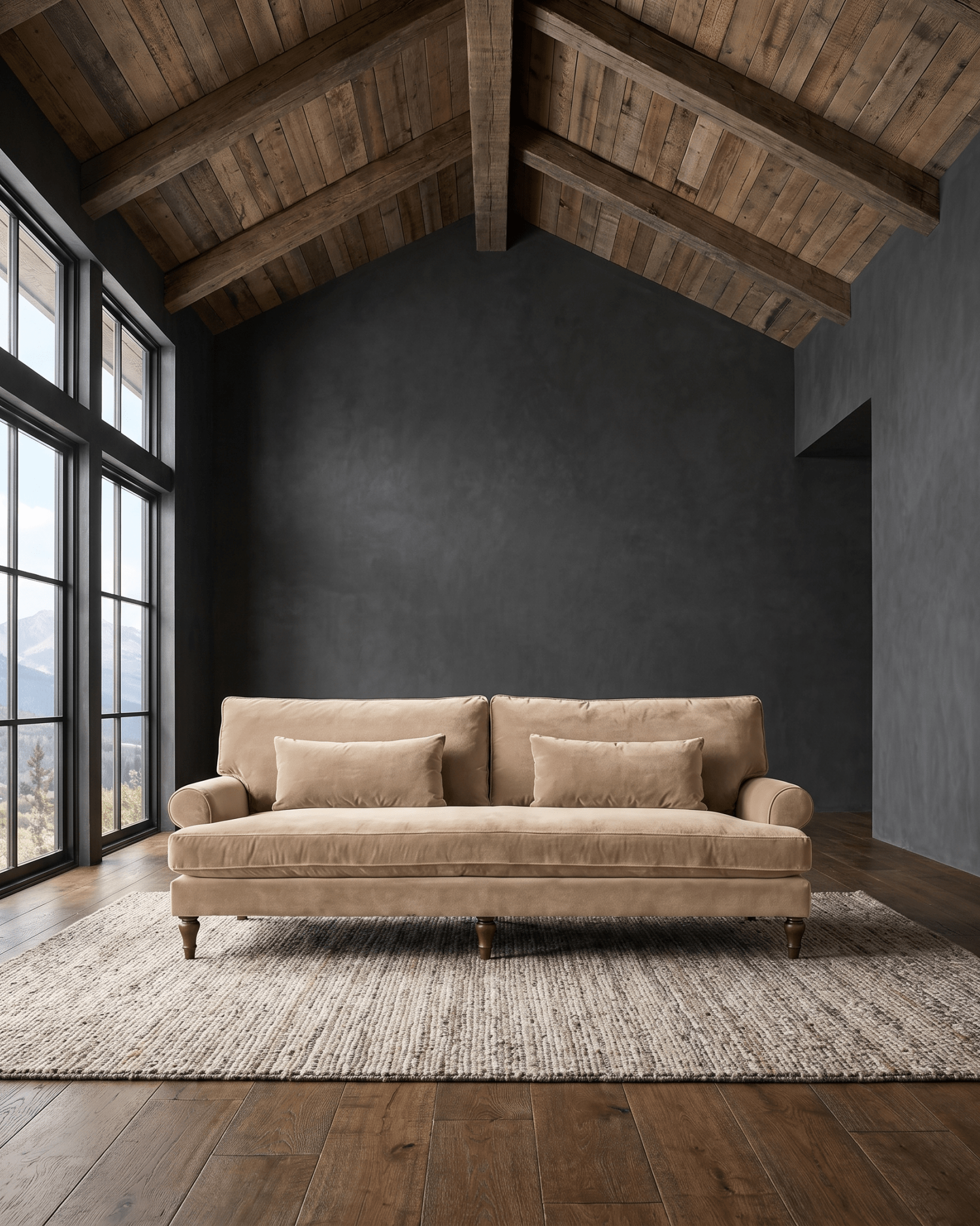 living room custom furniture modern mountain velvet sofa Hello Norden - Halden Sofa in Banks Velvet - Sand, shown in a rustic modern room
