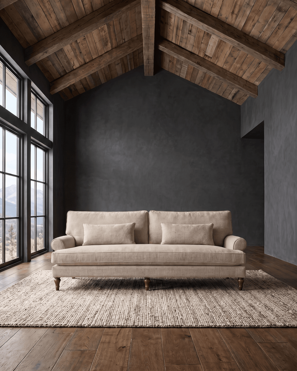 living room custom furniture modern mountain linen sofa Hello Norden, Halden Sofa in Eco-Performance Linen in Oatmeal, shown in a rustic modern room