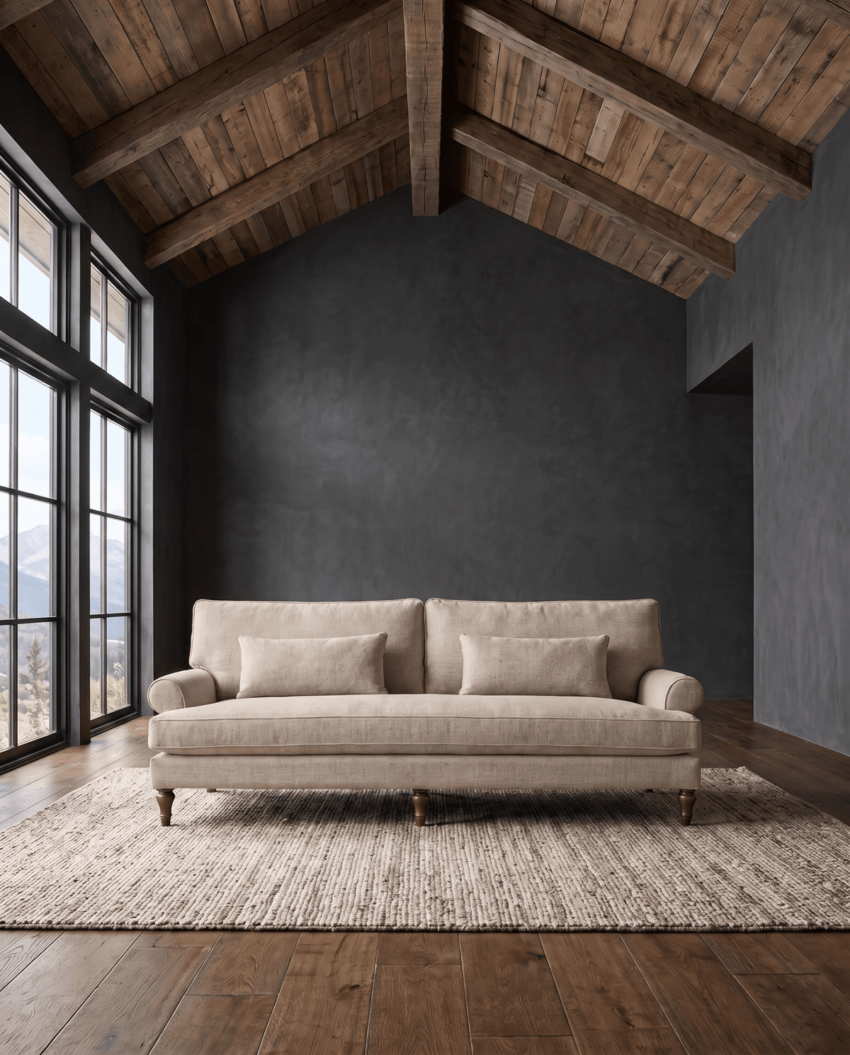 living room custom furniture modern mountain linen sofa Hello Norden, Halden Sofa in Eco-Performance Linen in Oatmeal, shown in a rustic modern room