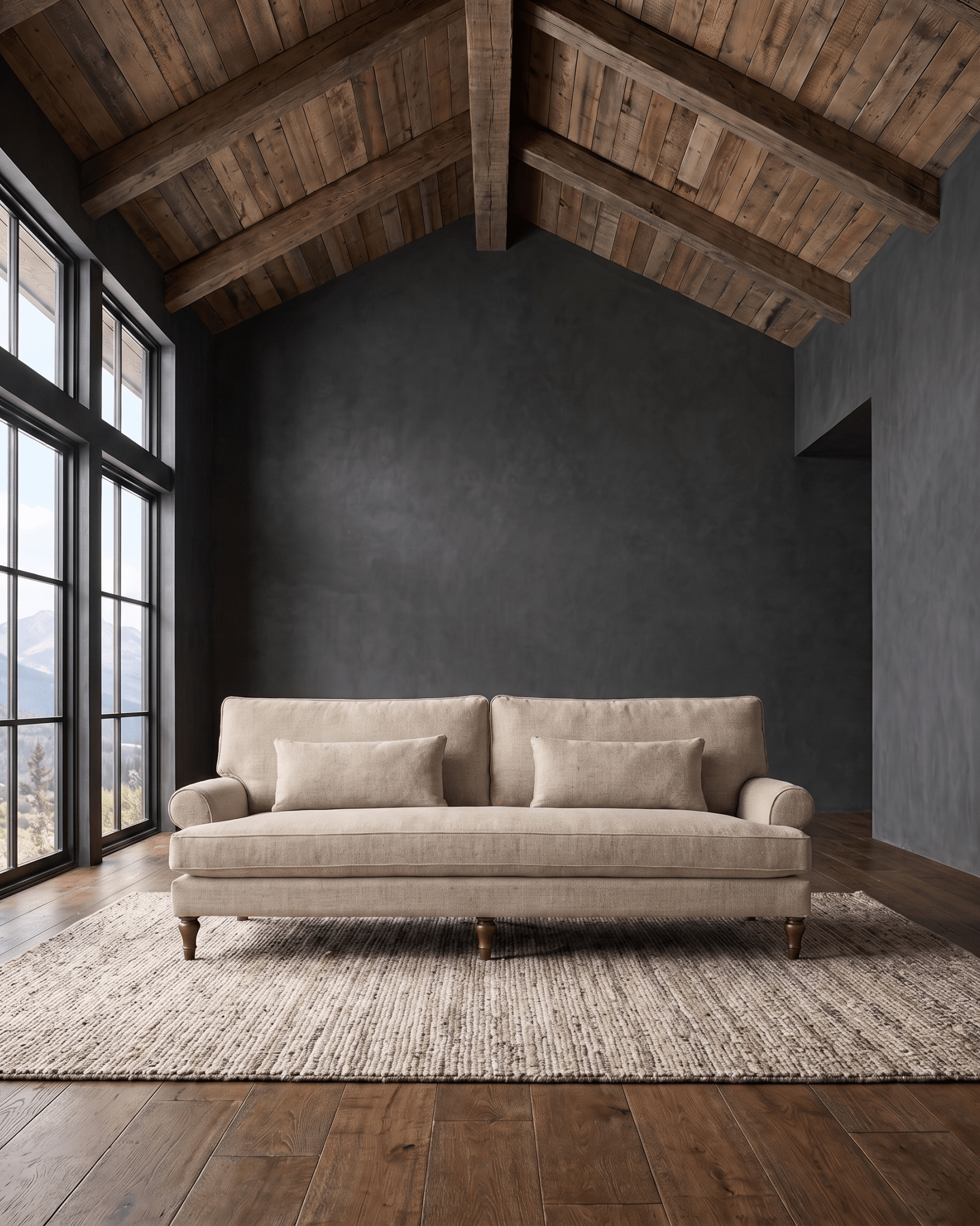 living room custom furniture modern mountain linen sofa Hello Norden - Halden Sofa in Palmer Driftwood, shown in a rustic modern room